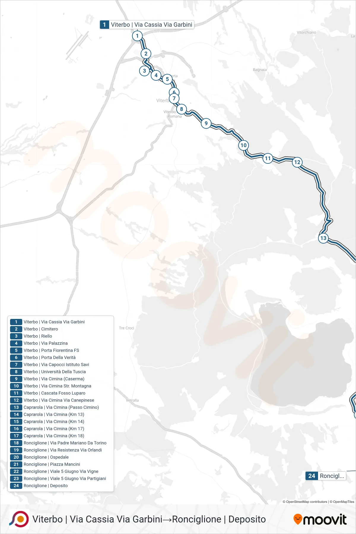 Linea COTRAL bus (Viterbo | Via Cassia Via Garbini→Ronciglione | Deposito) - Percorsi e fermate sulla mappa