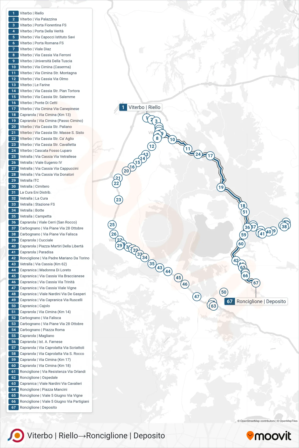 Linea COTRAL bus (Viterbo | Riello→Ronciglione | Deposito) - Percorsi e fermate sulla mappa