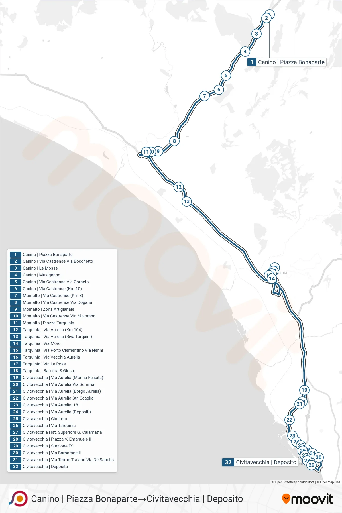 Linea COTRAL bus (Canino | Piazza Bonaparte→Civitavecchia | Deposito) - Percorsi e fermate sulla mappa