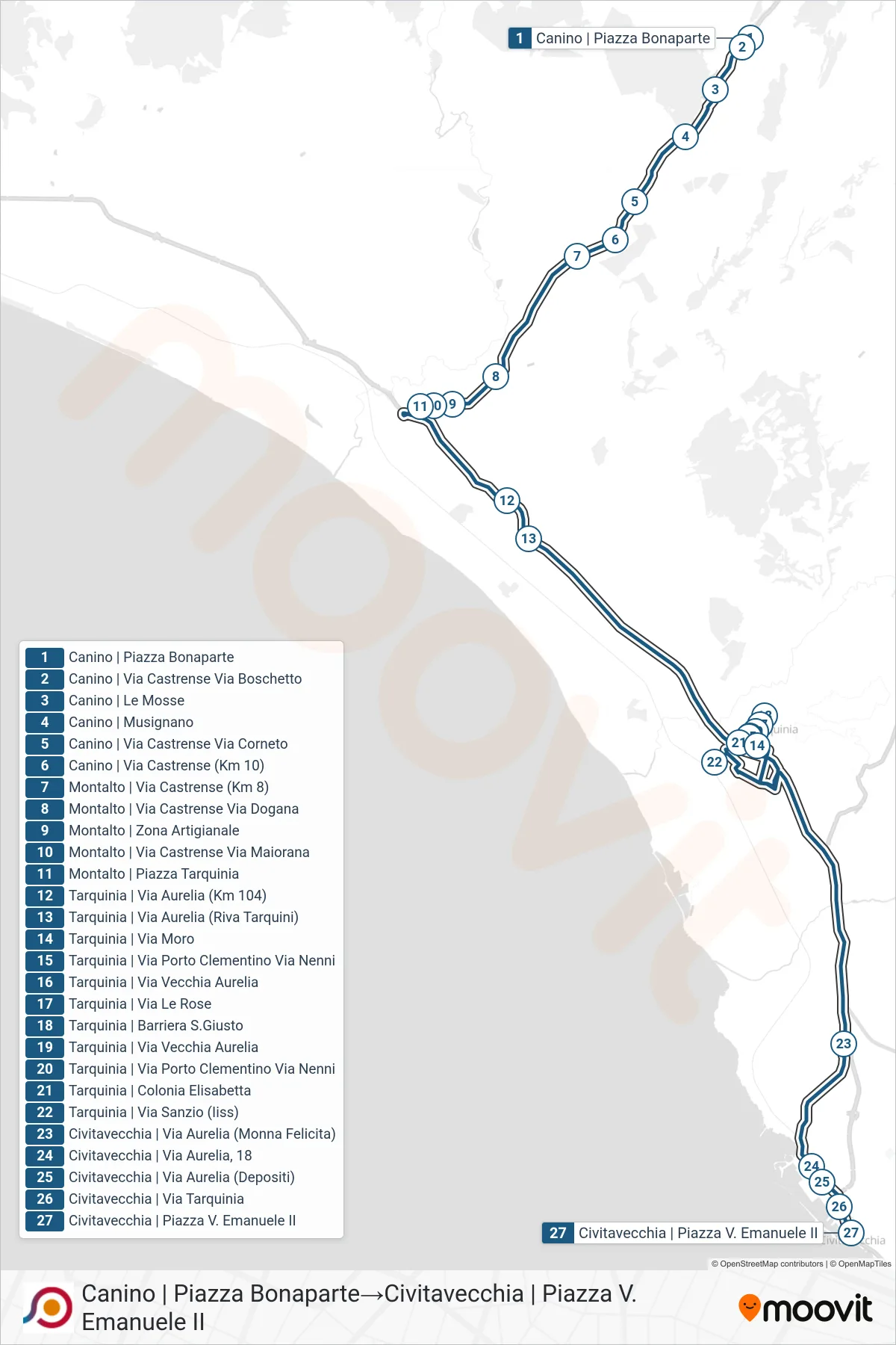 Linea COTRAL bus (Canino | Piazza Bonaparte→Civitavecchia | Piazza V. Emanuele II) - Percorsi e fermate sulla mappa