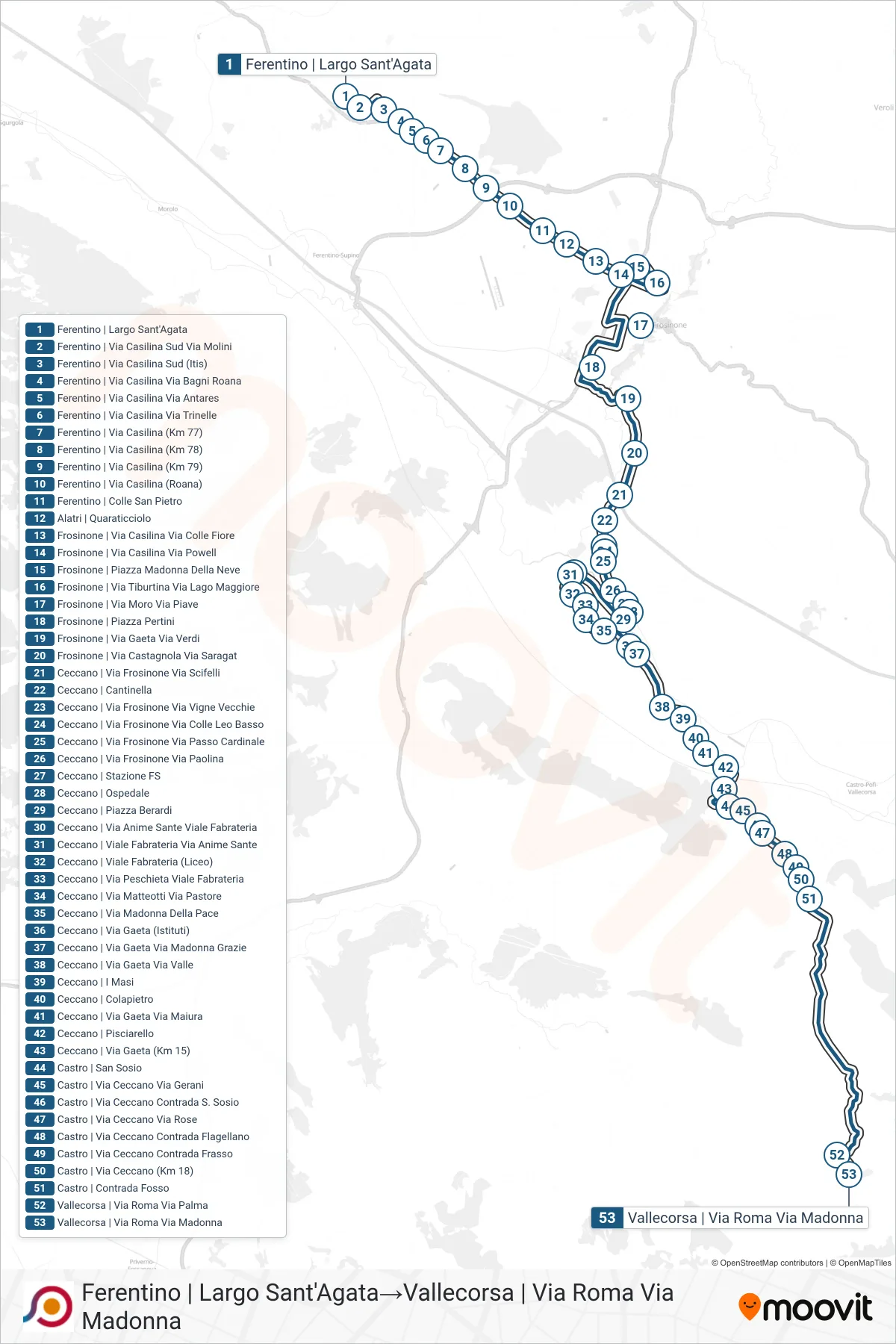Linea COTRAL bus (Ferentino | Largo Sant'Agata→Vallecorsa | Via Roma Via Madonna) - Percorsi e fermate sulla mappa