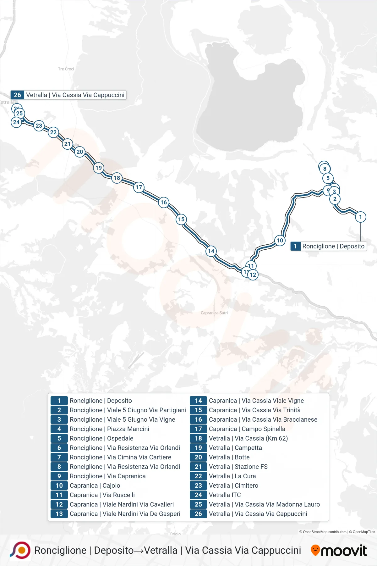 Linea COTRAL bus (Ronciglione | Deposito→Vetralla | Via Cassia Via Cappuccini) - Percorsi e fermate sulla mappa