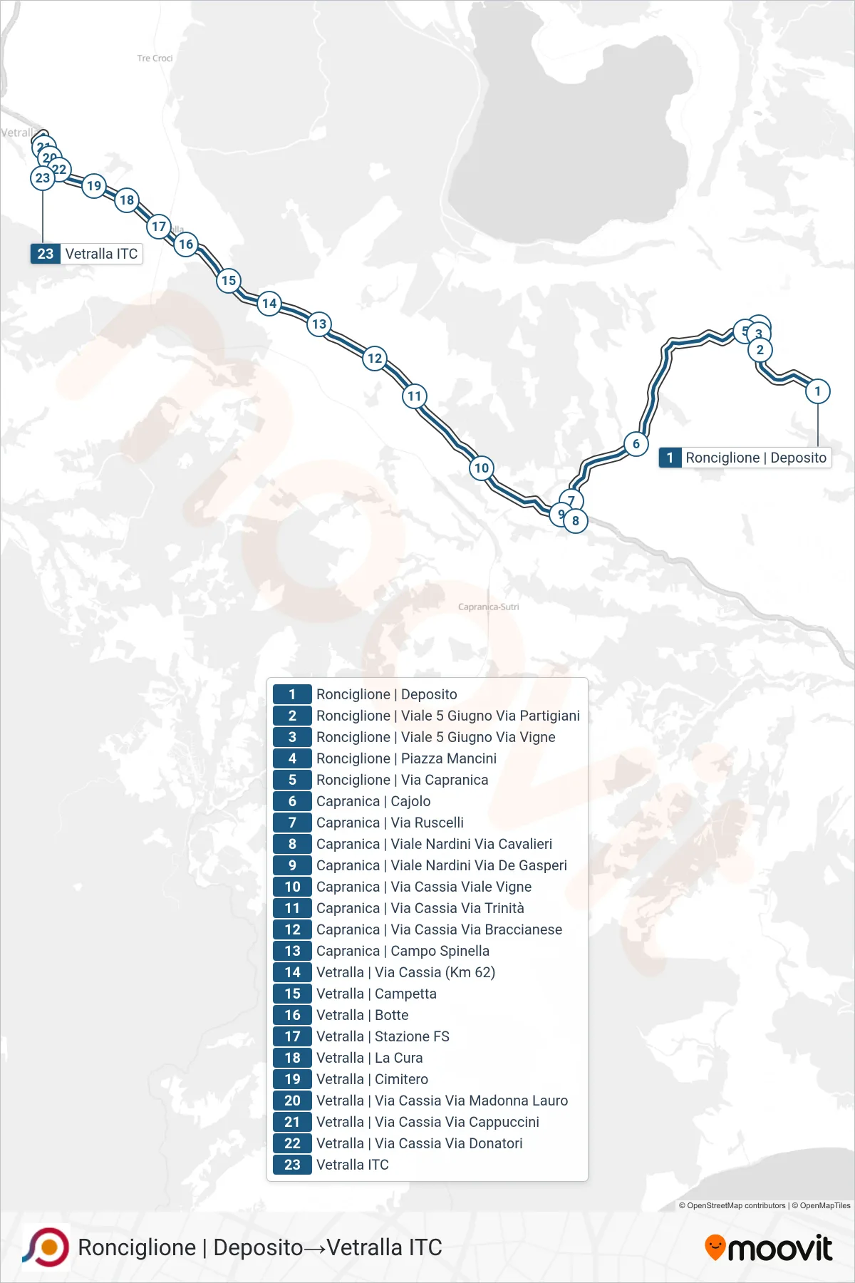 Linea COTRAL bus (Ronciglione | Deposito→Vetralla ITC) - Percorsi e fermate sulla mappa