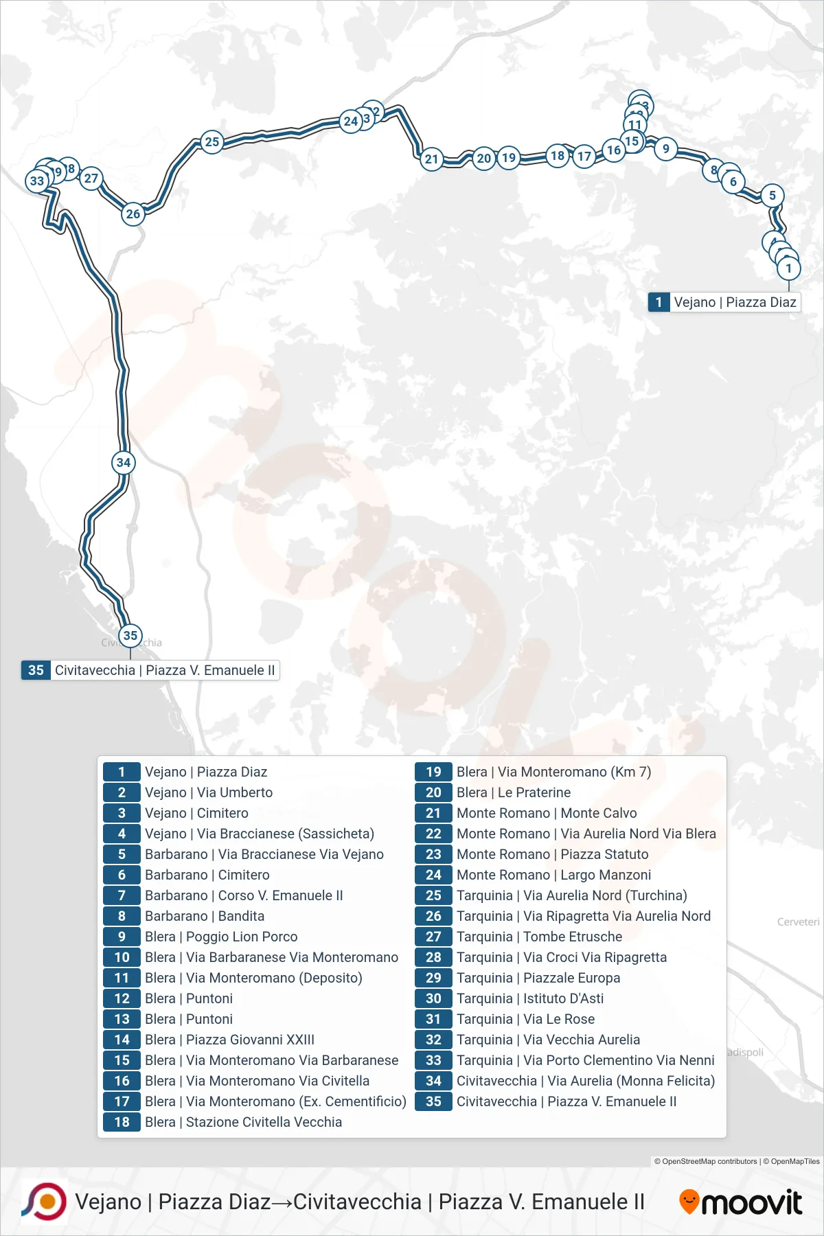 Linea COTRAL bus (Vejano | Piazza Diaz→Civitavecchia | Piazza V. Emanuele II) - Percorsi e fermate sulla mappa