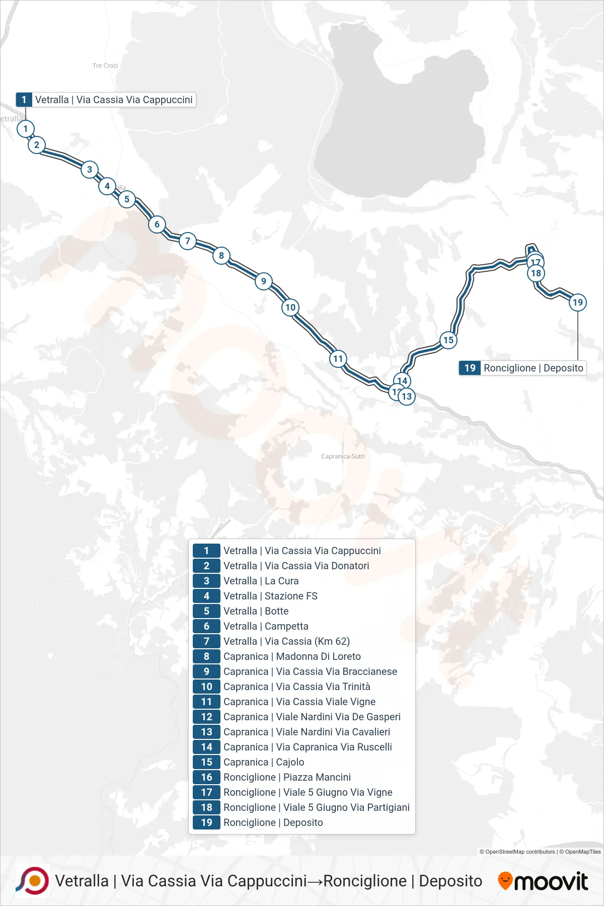 Linea COTRAL bus (Vetralla | Via Cassia Via Cappuccini→Ronciglione | Deposito) - Percorsi e fermate sulla mappa