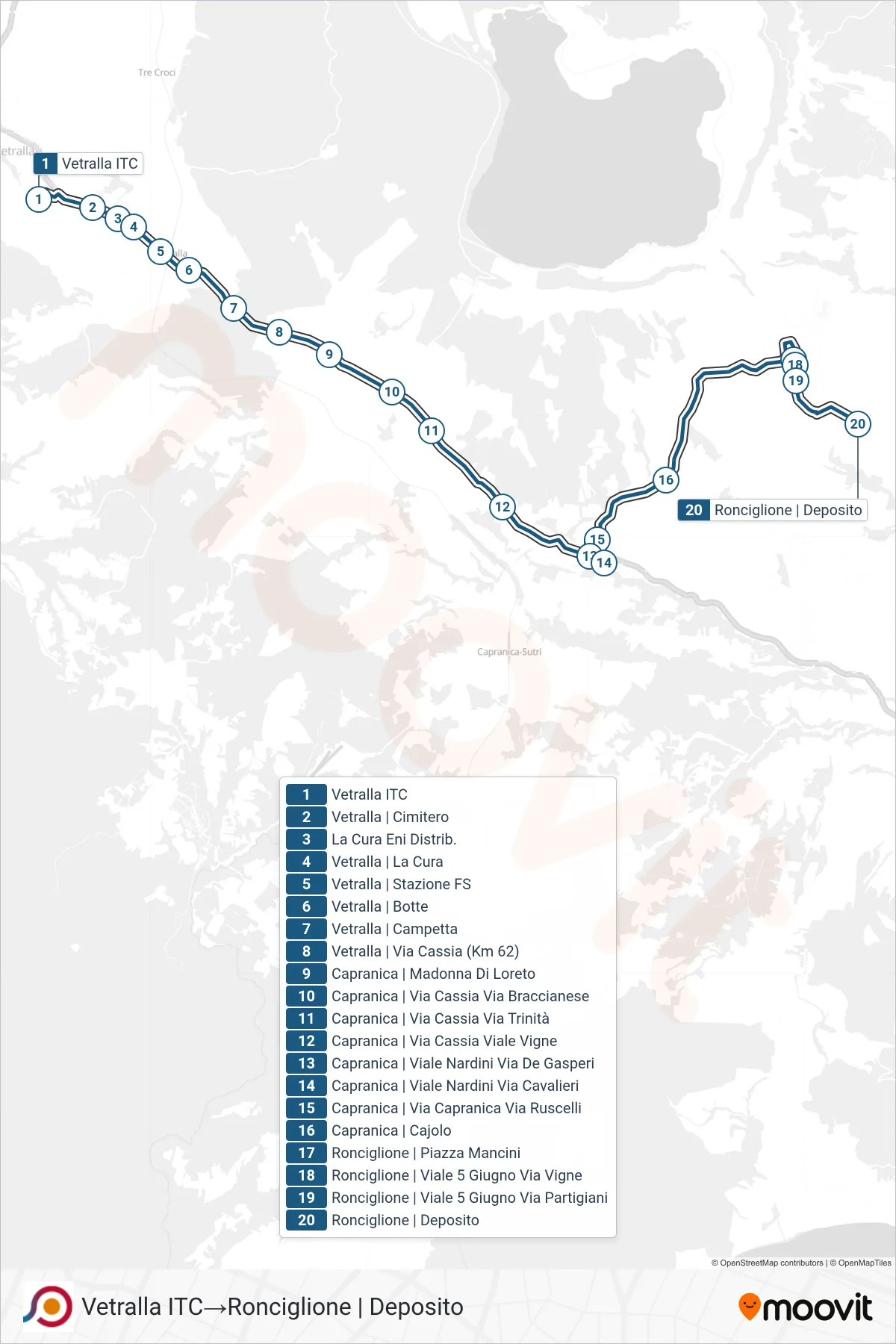 Linea COTRAL bus (Vetralla ITC→Ronciglione | Deposito) - Percorsi e fermate sulla mappa
