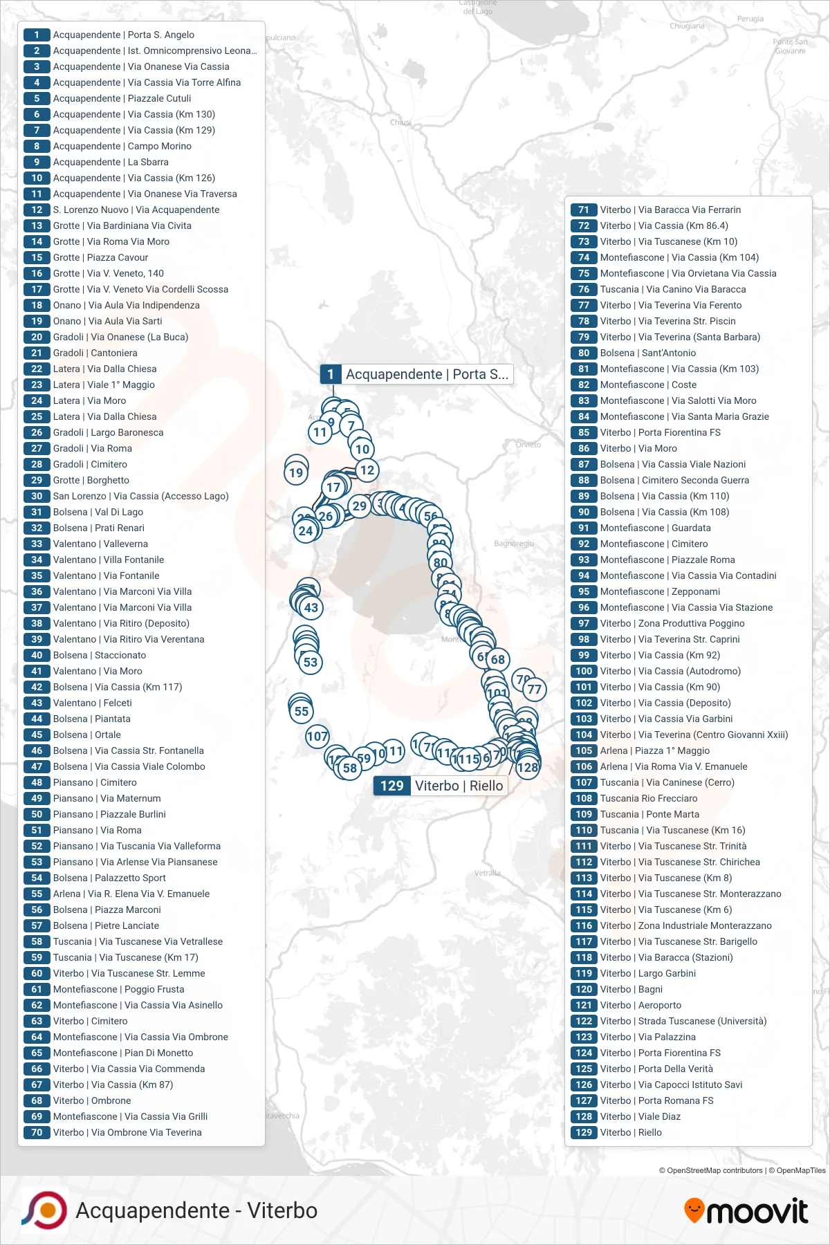 Linea COTRAL bus (Acquapendente | Porta S. Angelo→Viterbo | Riello) - Percorsi e fermate sulla mappa