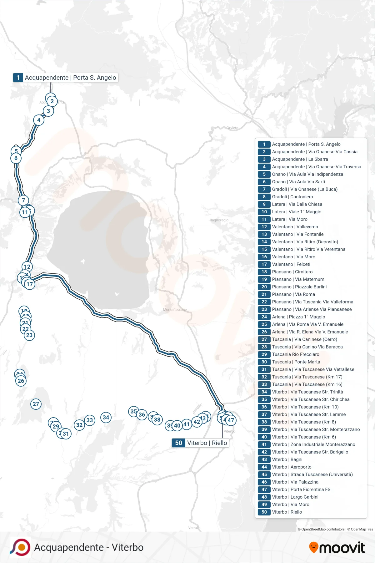 Linea COTRAL bus (Acquapendente | Porta S. Angelo→Viterbo | Riello) - Percorsi e fermate sulla mappa