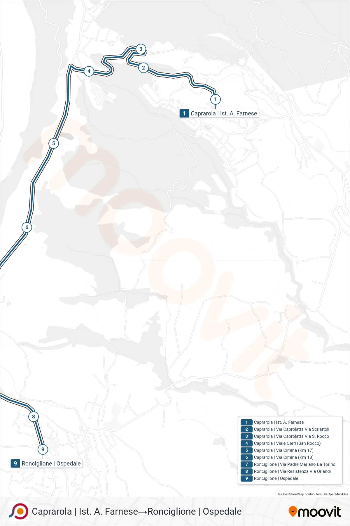 Linea COTRAL bus (Caprarola | Ist. A. Farnese→Ronciglione | Ospedale) - Percorsi e fermate sulla mappa