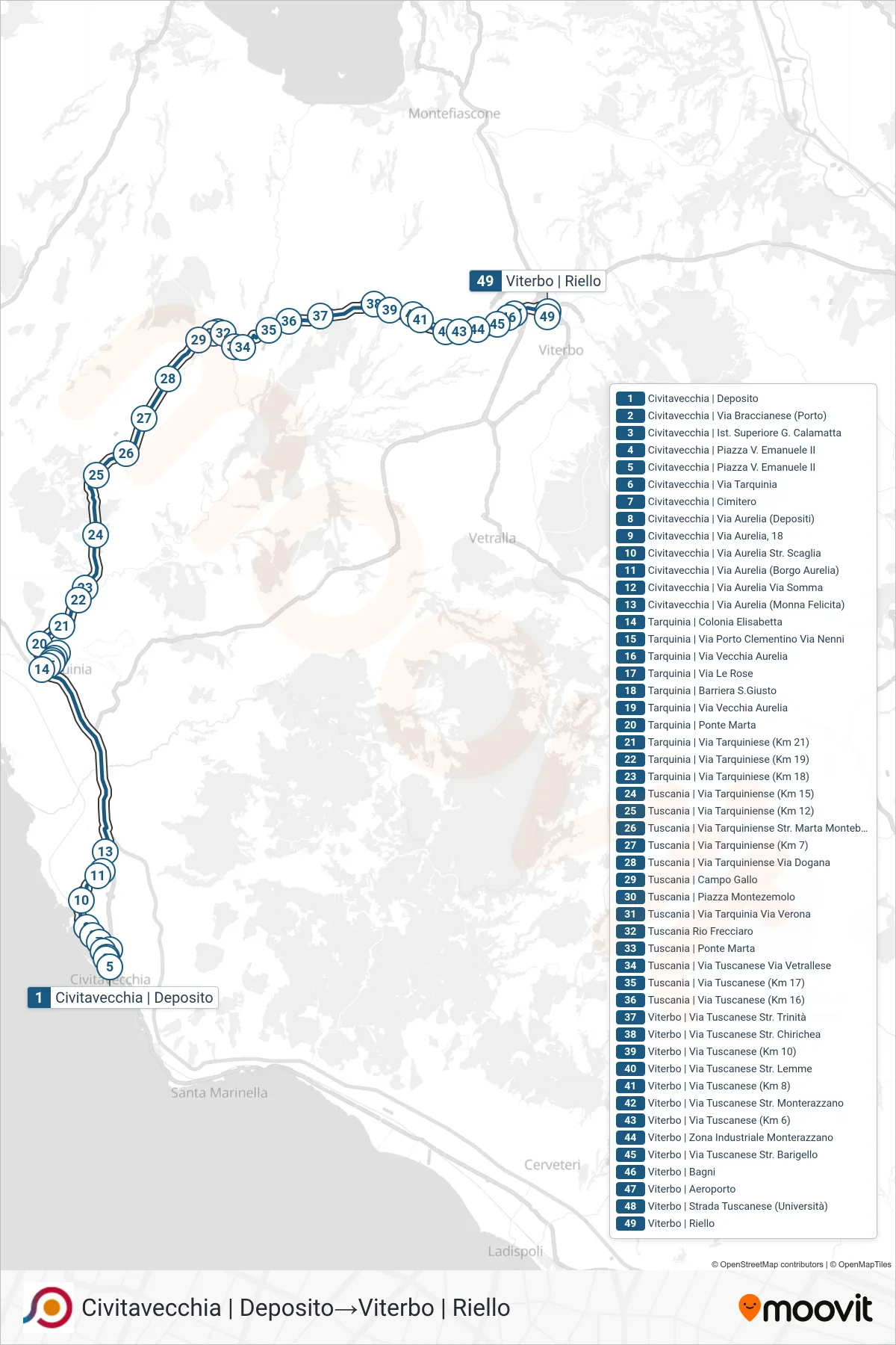 Linea COTRAL bus (Civitavecchia | Deposito→Viterbo | Riello) - Percorsi e fermate sulla mappa