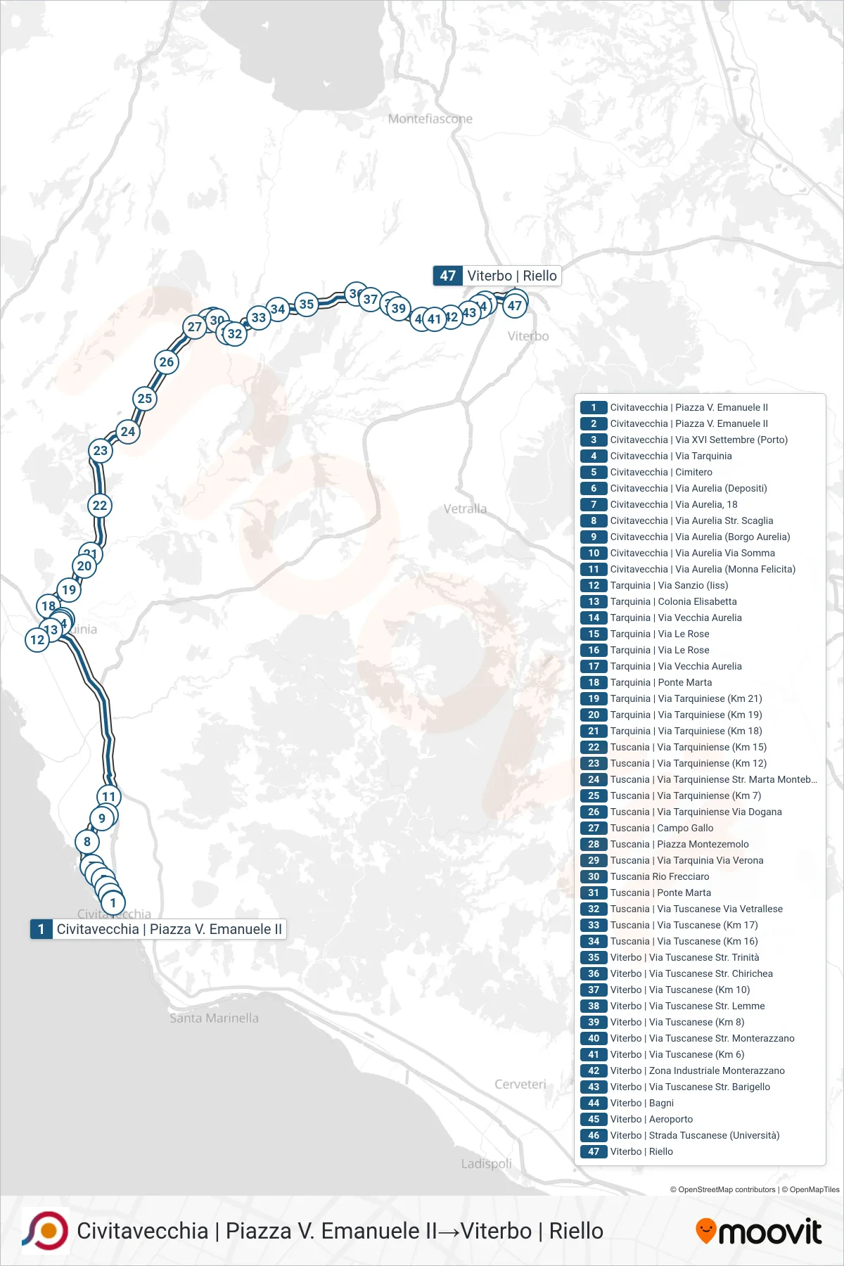 Linea COTRAL bus (Civitavecchia | Piazza V. Emanuele II→Viterbo | Riello) - Percorsi e fermate sulla mappa