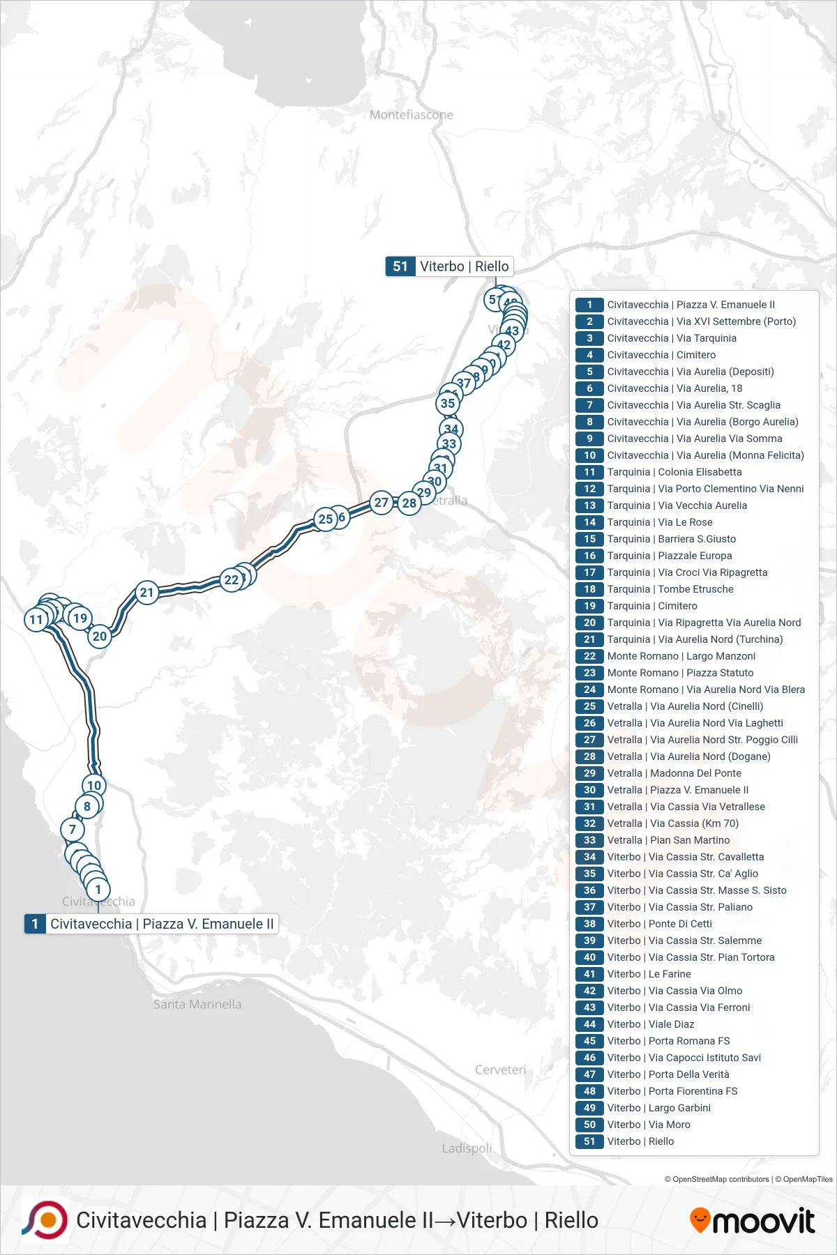 Linea COTRAL bus (Civitavecchia | Piazza V. Emanuele II→Viterbo | Riello) - Percorsi e fermate sulla mappa