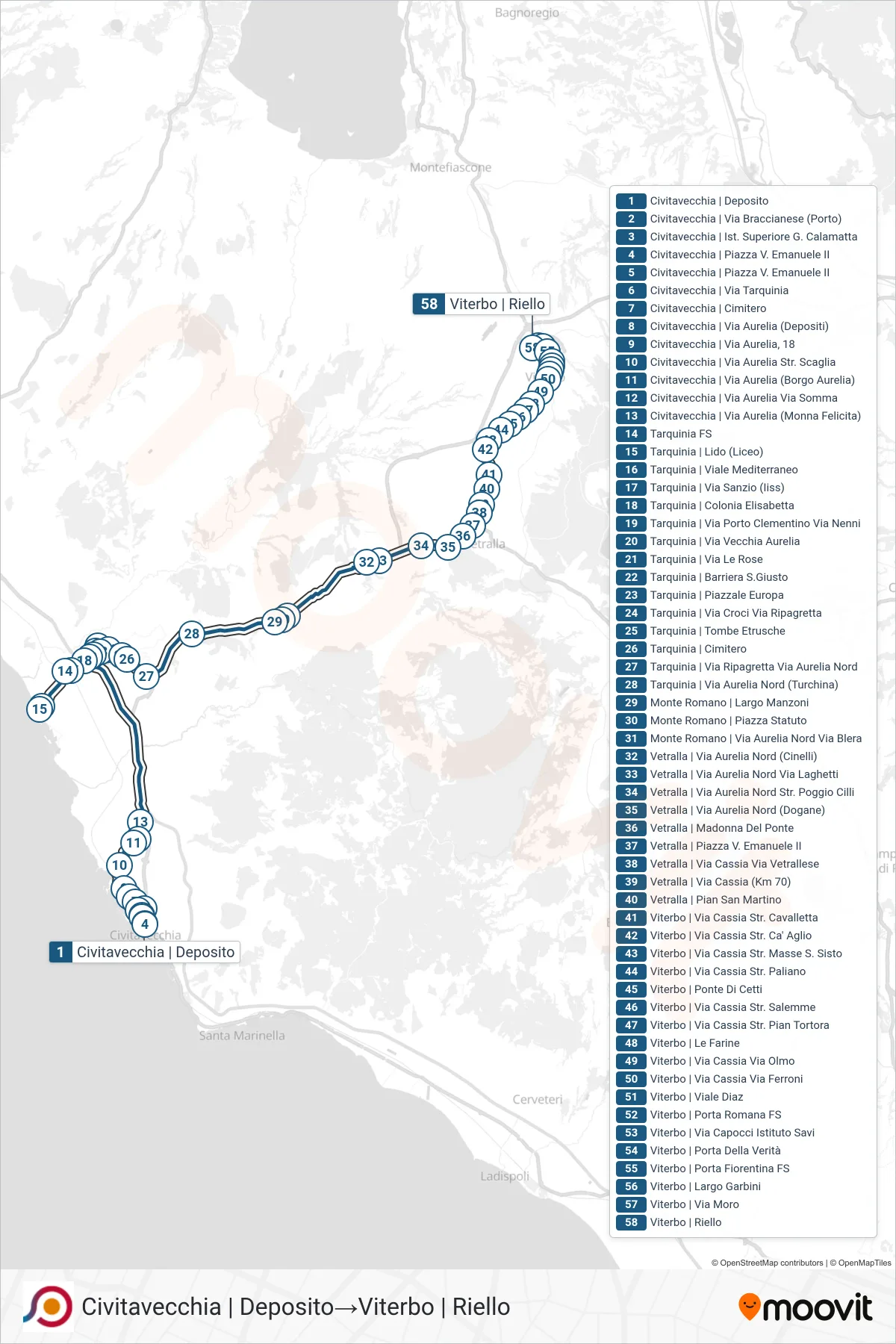 Linea COTRAL bus (Civitavecchia | Deposito→Viterbo | Riello) - Percorsi e fermate sulla mappa