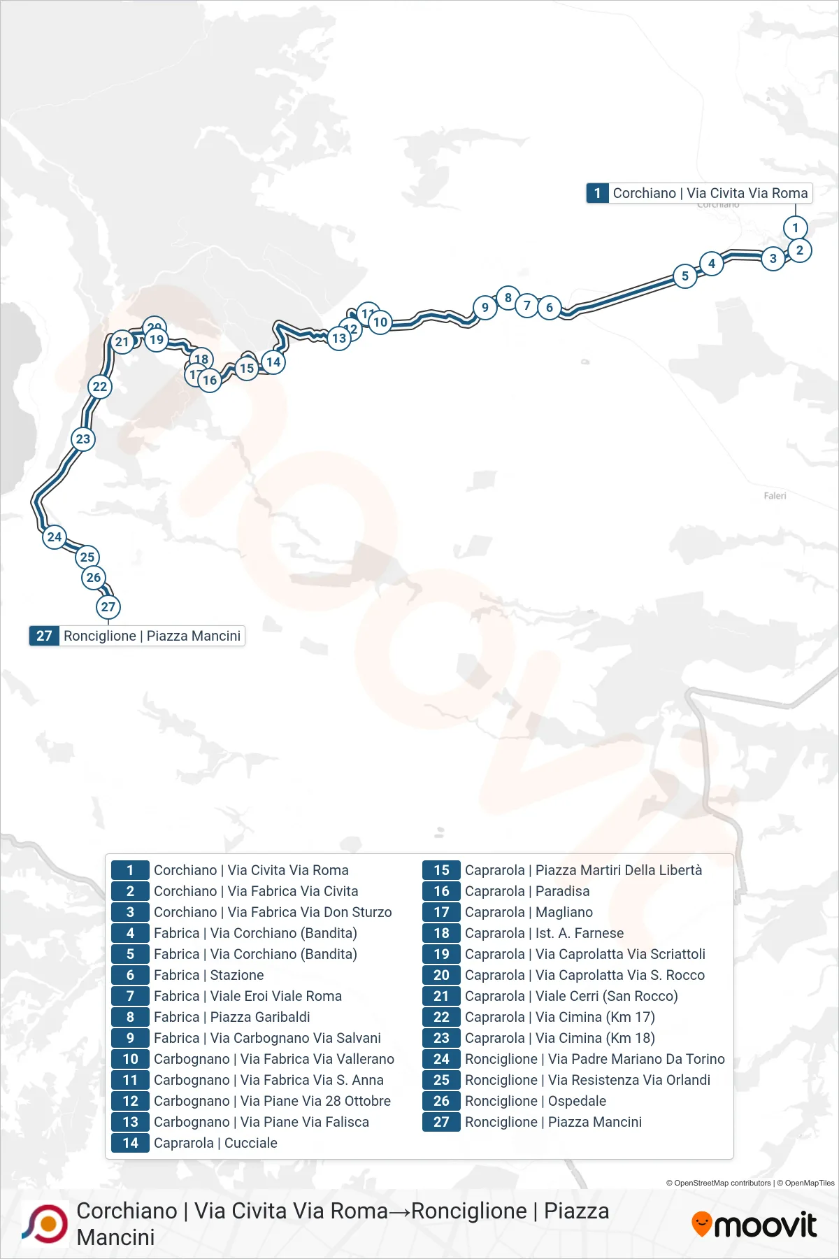 Linea COTRAL bus (Corchiano | Via Civita Via Roma→Ronciglione | Piazza Mancini) - Percorsi e fermate sulla mappa