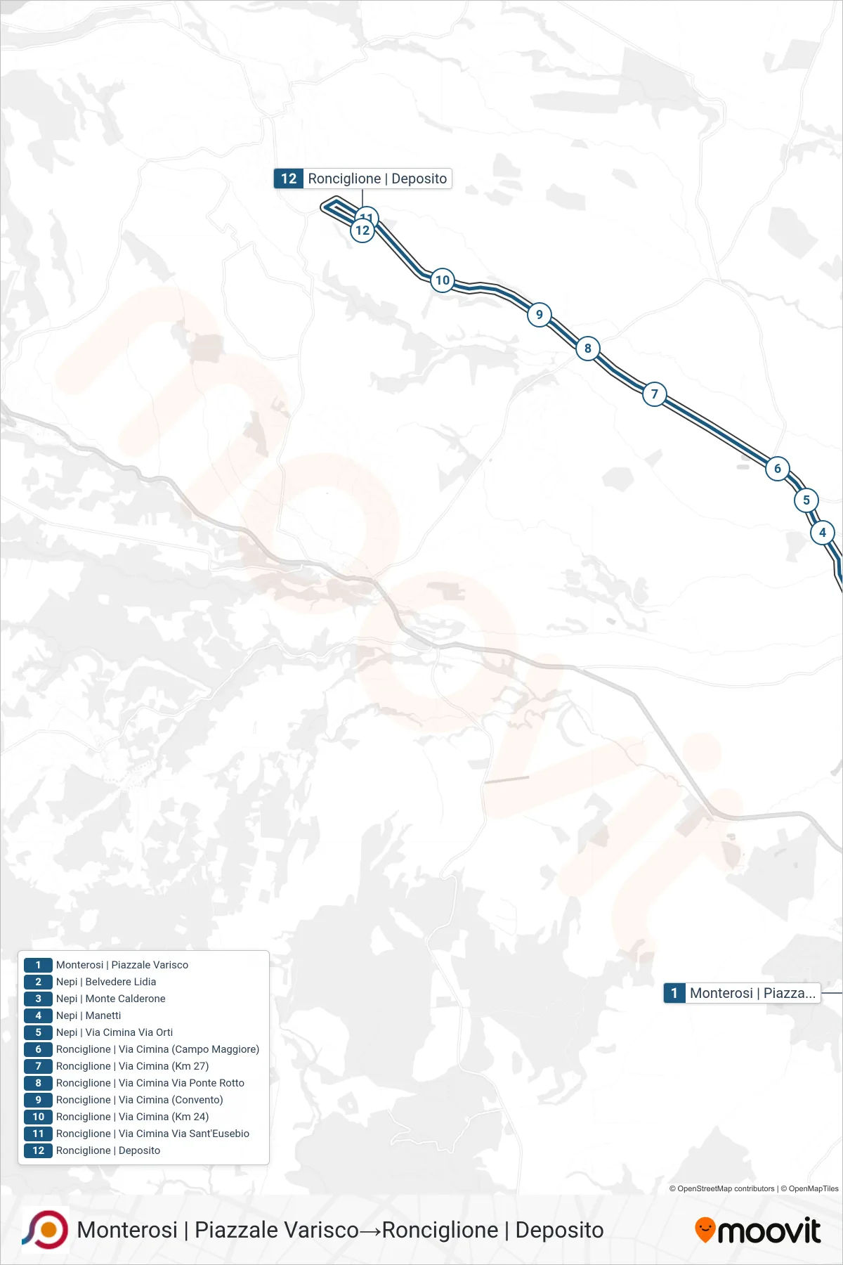 Linea COTRAL bus (Monterosi | Piazzale Varisco→Ronciglione | Deposito) - Percorsi e fermate sulla mappa
