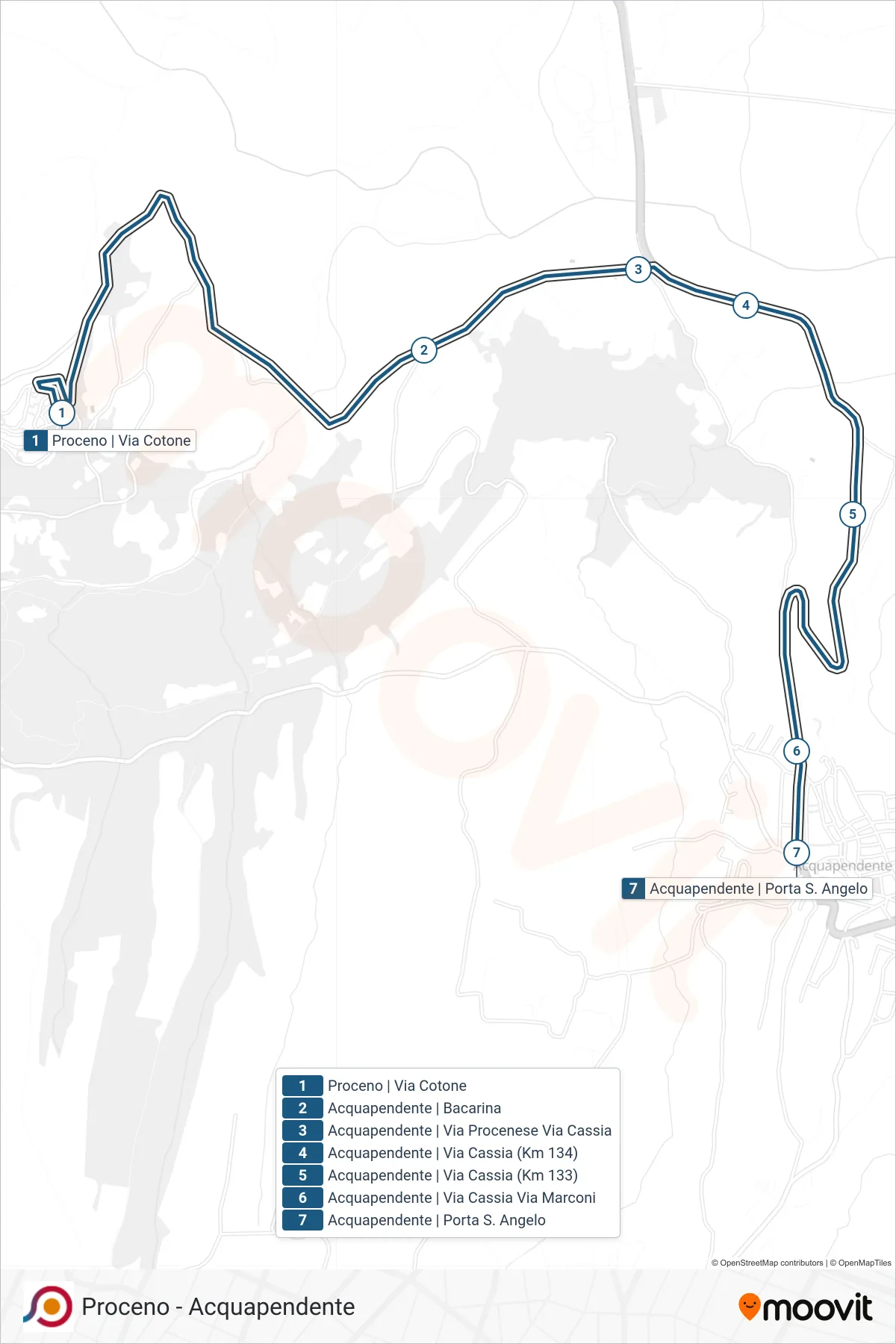 Linea COTRAL bus (Proceno | Via Cotone→Acquapendente | Porta S. Angelo) - Percorsi e fermate sulla mappa