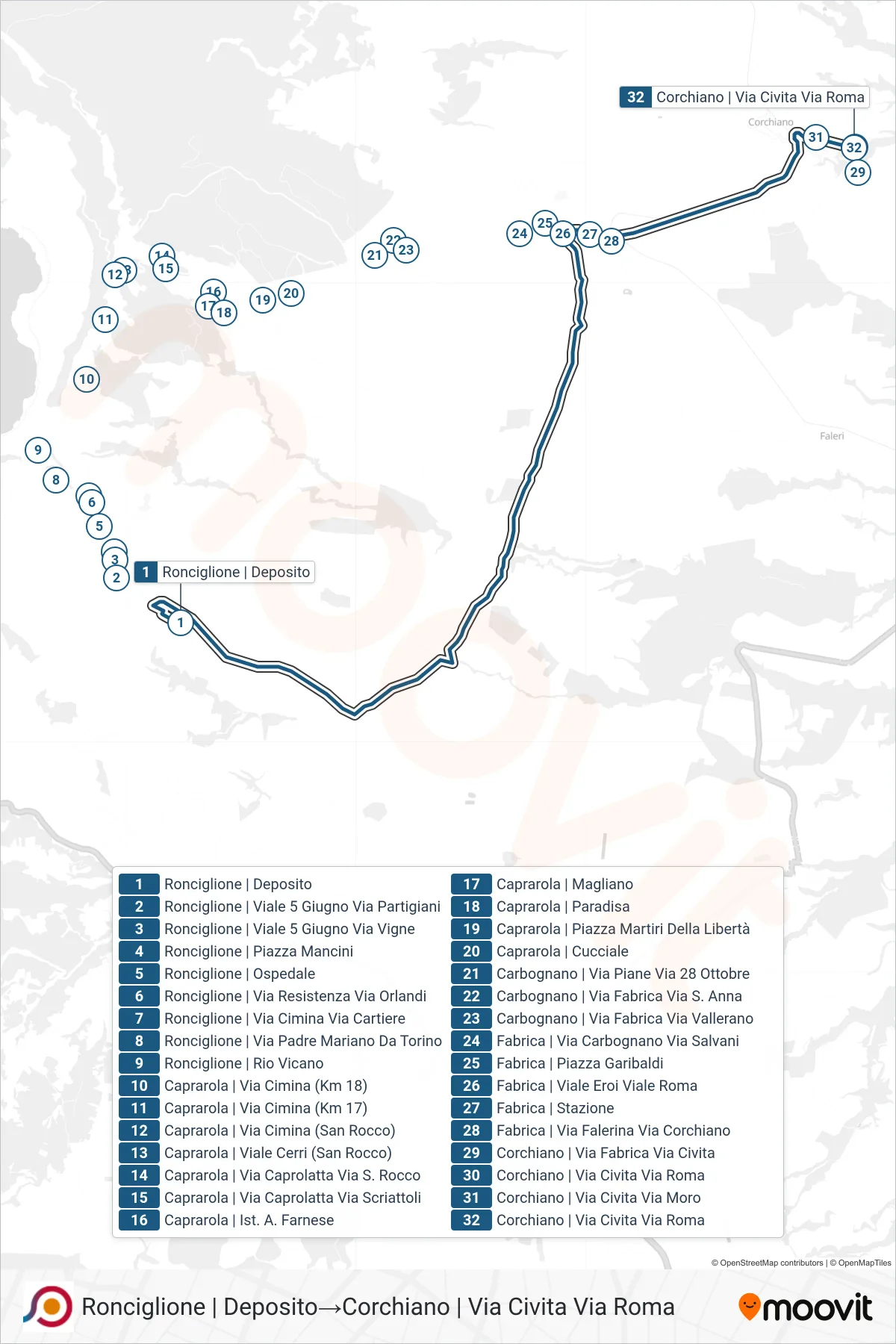 Linea COTRAL bus (Ronciglione | Deposito→Corchiano | Via Civita Via Roma) - Percorsi e fermate sulla mappa