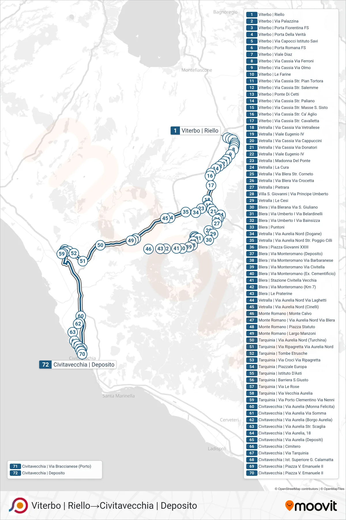 Linea COTRAL bus (Viterbo | Riello→Civitavecchia | Deposito) - Percorsi e fermate sulla mappa