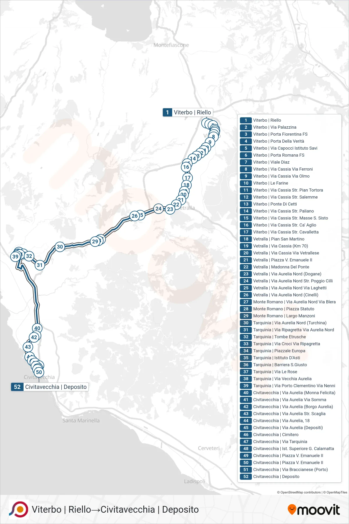 Linea COTRAL bus (Viterbo | Riello→Civitavecchia | Deposito) - Percorsi e fermate sulla mappa