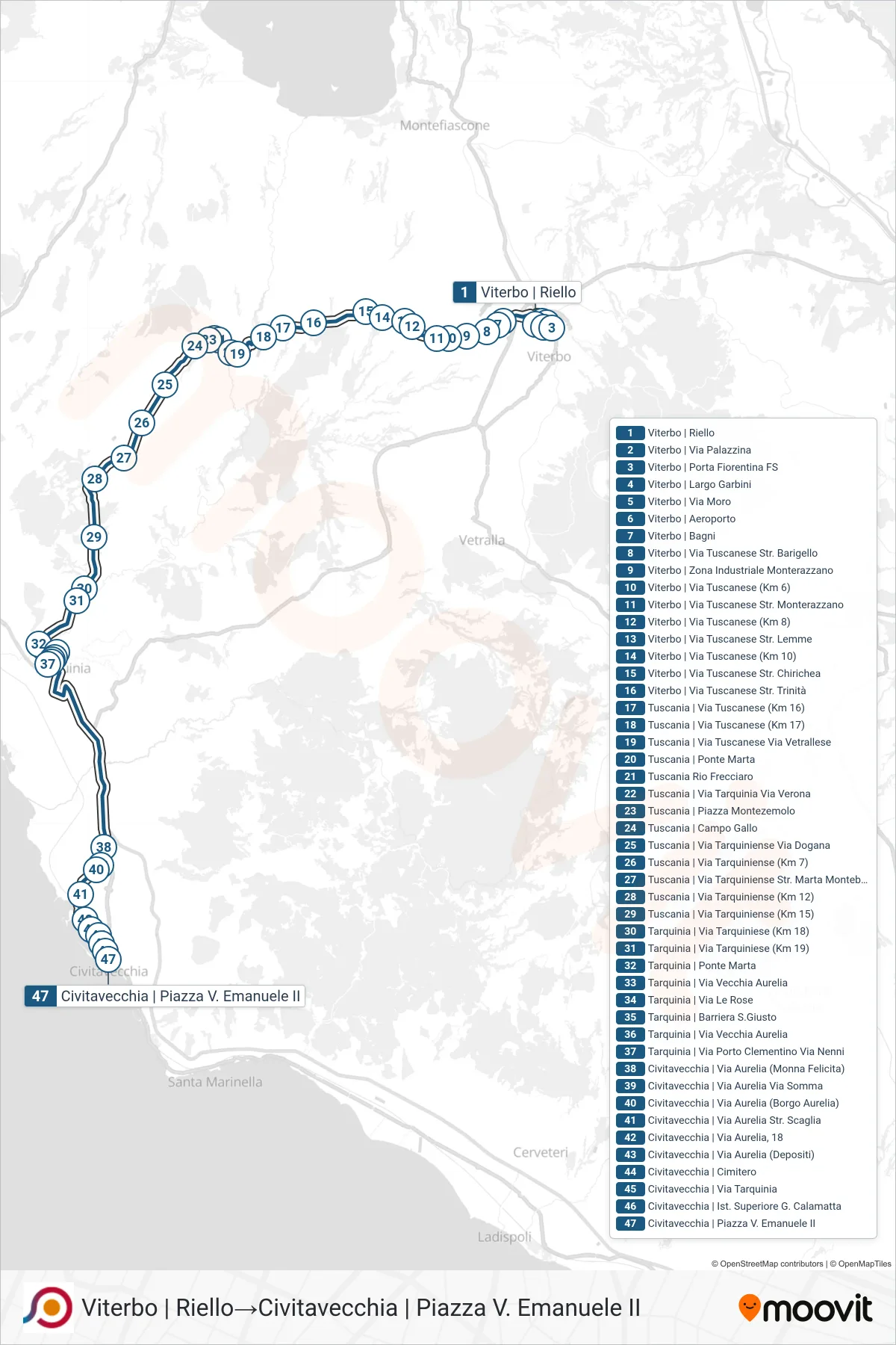 Linea COTRAL bus (Viterbo | Riello→Civitavecchia | Piazza V. Emanuele II) - Percorsi e fermate sulla mappa
