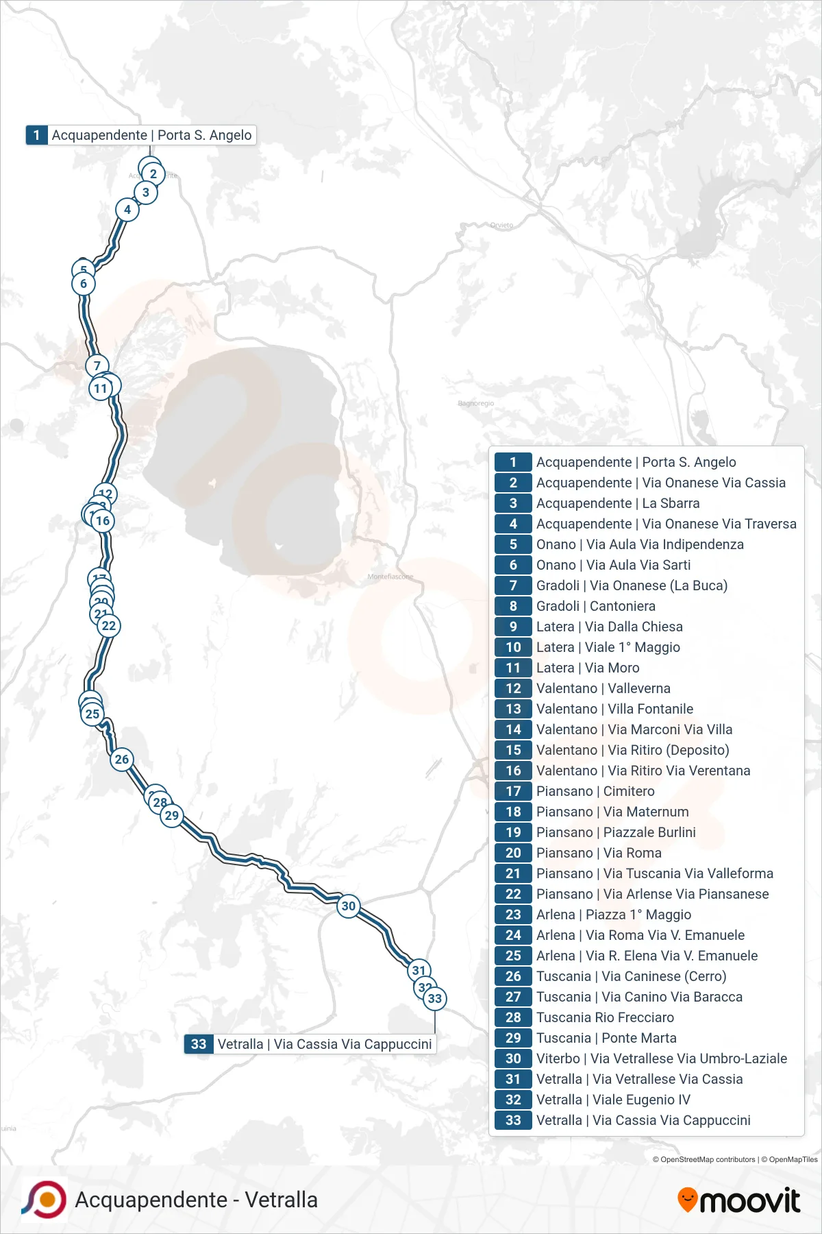 Linea COTRAL bus (Acquapendente | Porta S. Angelo→Vetralla | Via Cassia Via Cappuccini) - Percorsi e fermate sulla mappa
