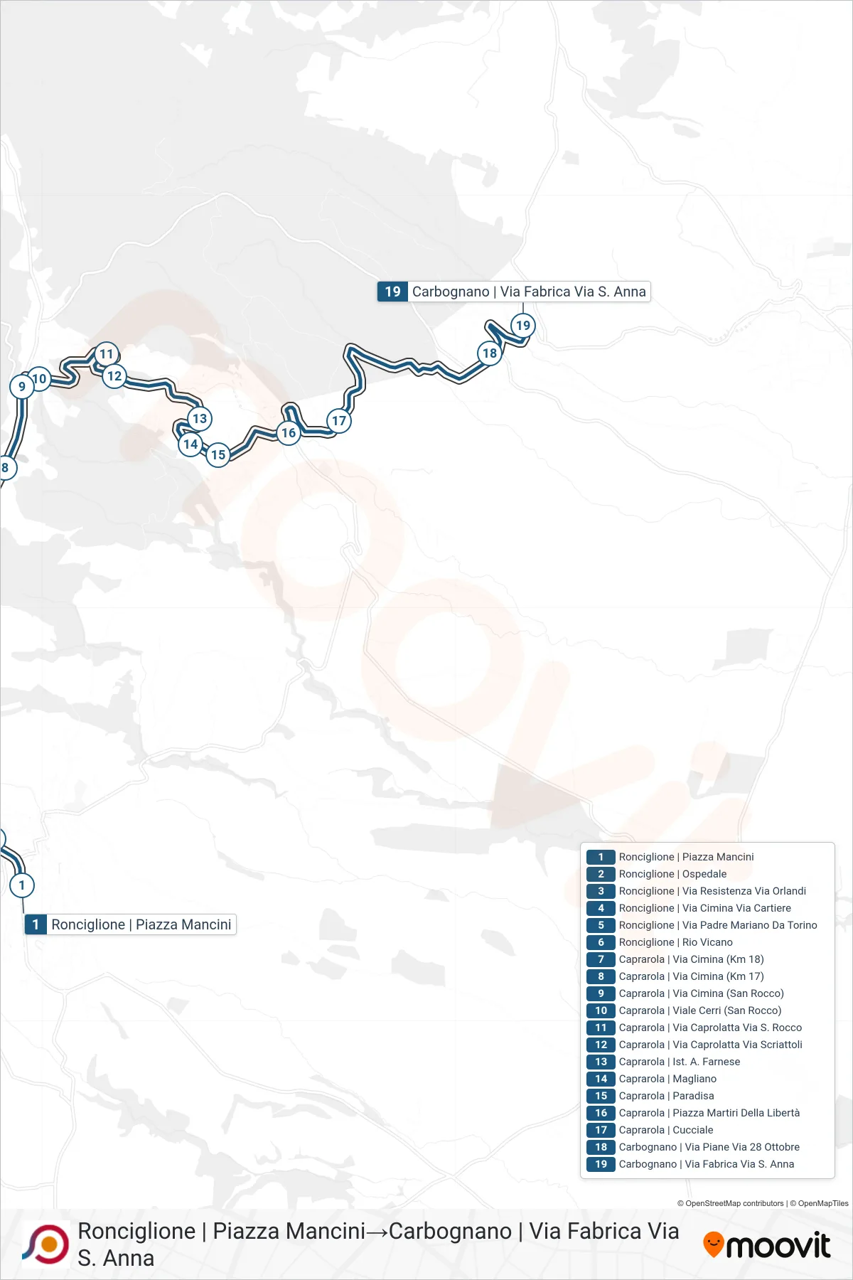 Linea COTRAL bus (Ronciglione | Piazza Mancini→Carbognano | Via Fabrica Via S. Anna) - Percorsi e fermate sulla mappa