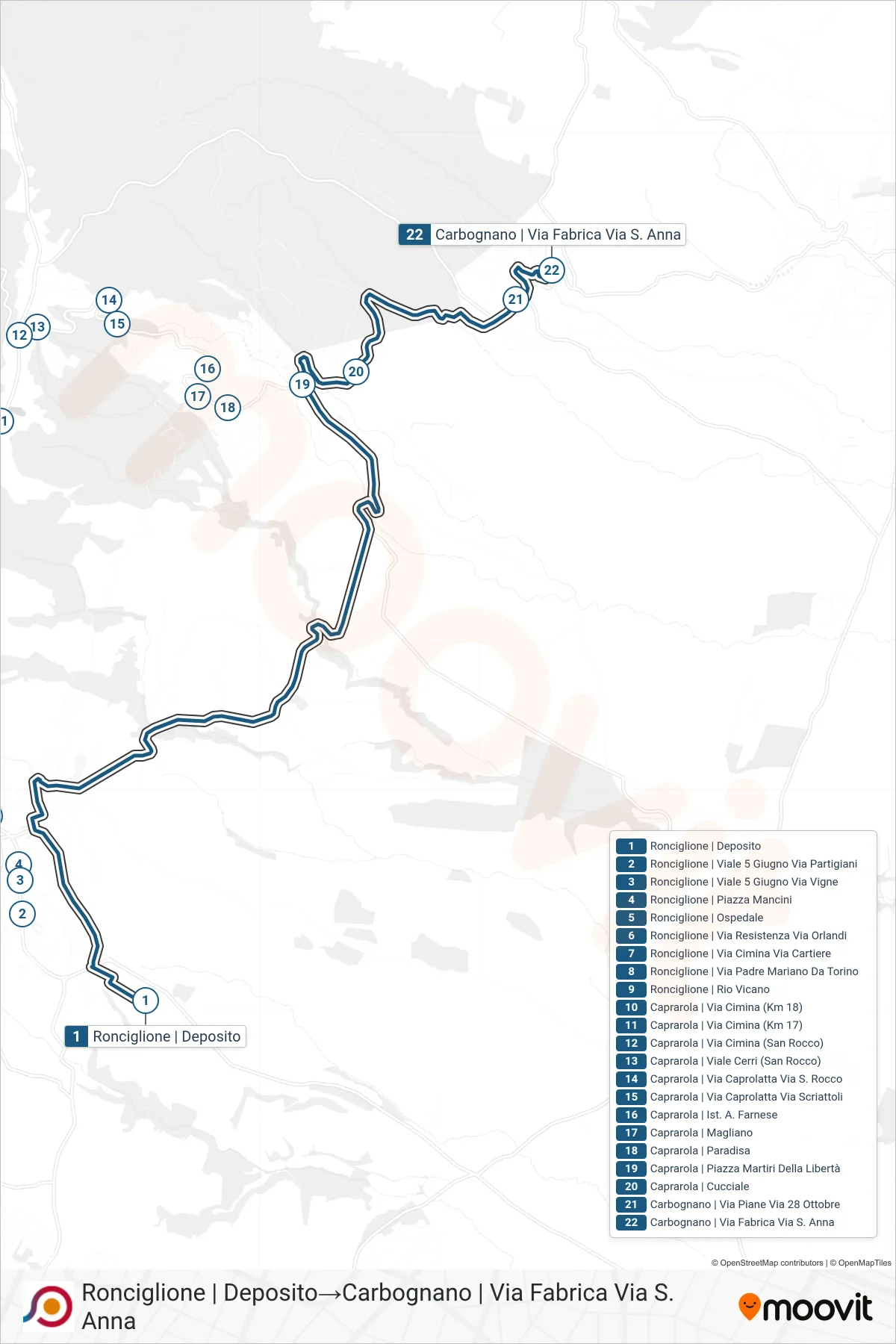Linea COTRAL  bus (Ronciglione | Deposito‎→Carbognano | Via Fabrica Via S. Anna) - Percorsi e fermate sulla mappa