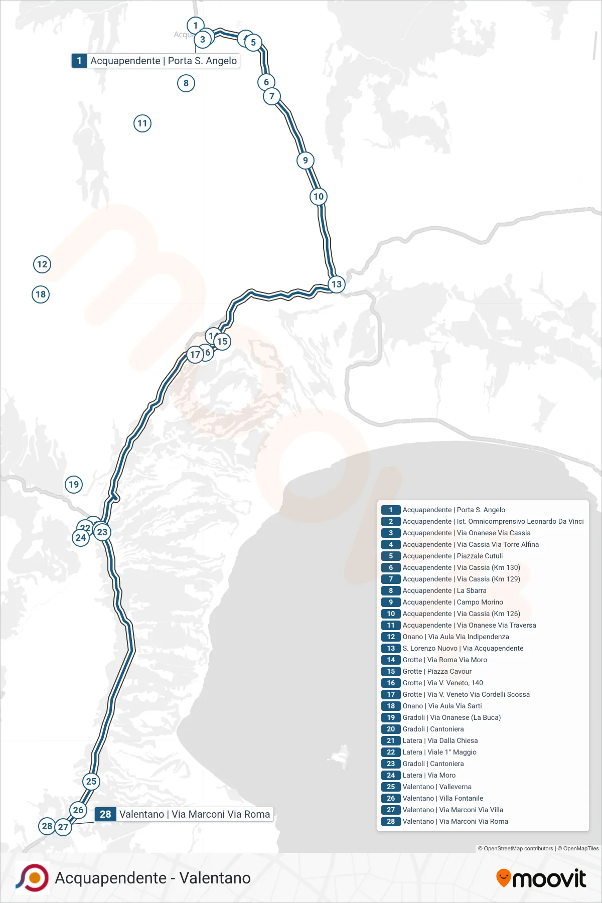 Linea COTRAL bus (Acquapendente | Porta S. Angelo→Valentano | Via Marconi Via Roma) - Percorsi e fermate sulla mappa