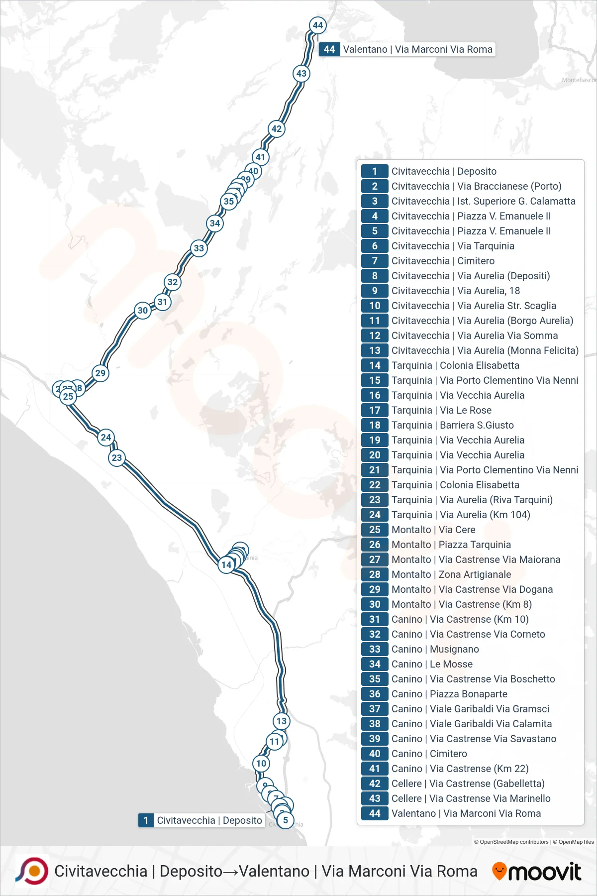 Linea COTRAL bus (Civitavecchia | Deposito→Valentano | Via Marconi Via Roma) - Percorsi e fermate sulla mappa
