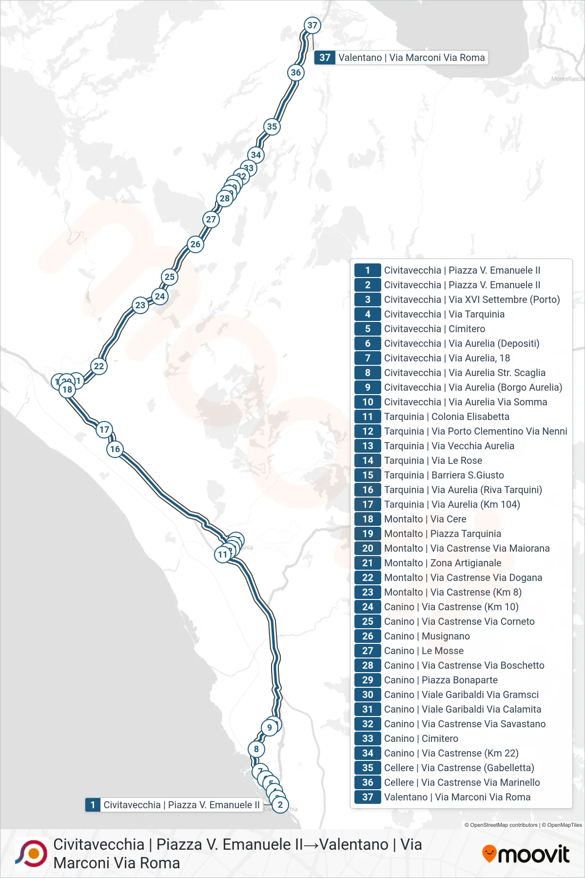 Linea COTRAL bus (Civitavecchia | Piazza V. Emanuele II→Valentano | Via Marconi Via Roma) - Percorsi e fermate sulla mappa