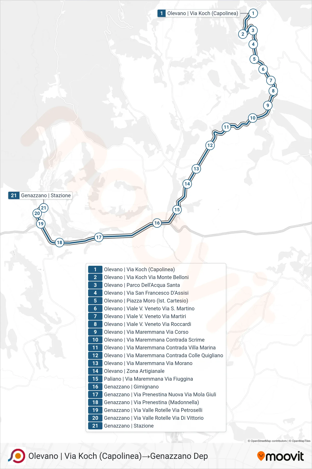 Linea COTRAL bus (Olevano | Via Koch (Capolinea)→Genazzano Dep) - Percorsi e fermate sulla mappa