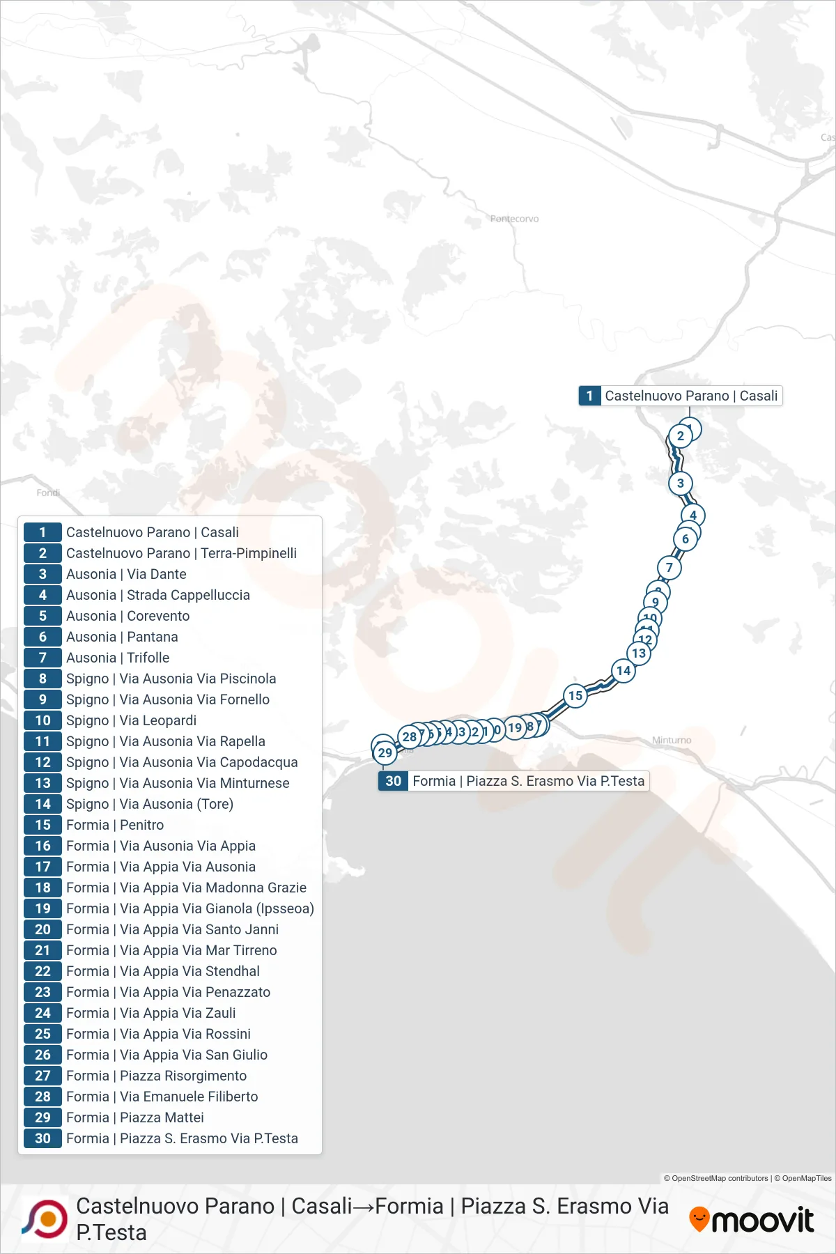 Linea COTRAL bus (Castelnuovo Parano | Casali→Formia | Piazza S. Erasmo Via P.Testa) - Percorsi e fermate sulla mappa
