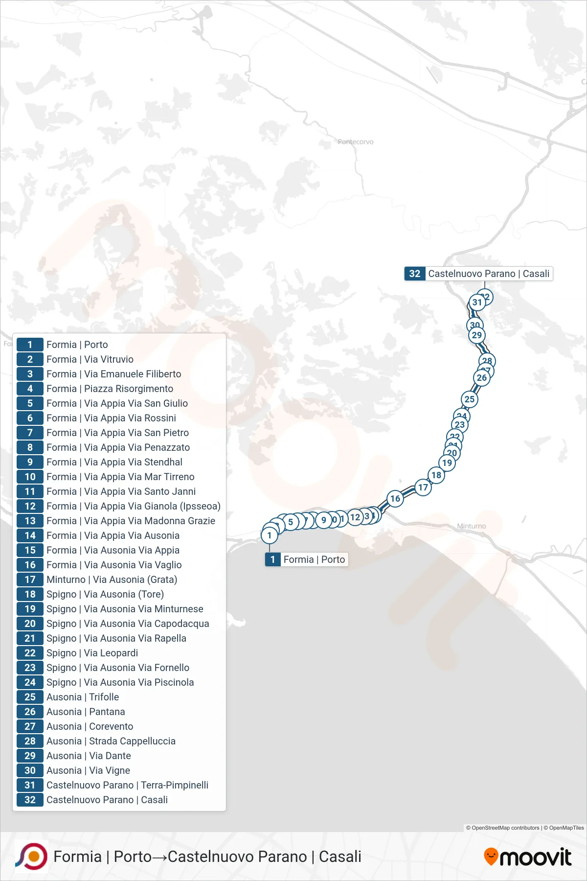 Linea COTRAL bus (Formia | Porto→Castelnuovo Parano | Casali) - Percorsi e fermate sulla mappa