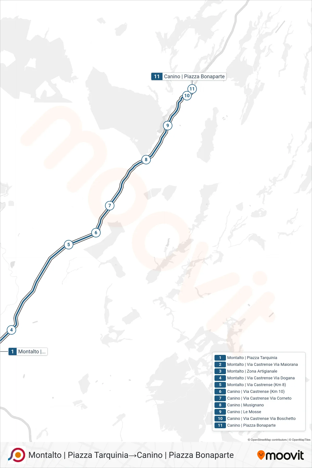 Linea COTRAL bus (Montalto | Piazza Tarquinia→Canino | Piazza Bonaparte) - Percorsi e fermate sulla mappa