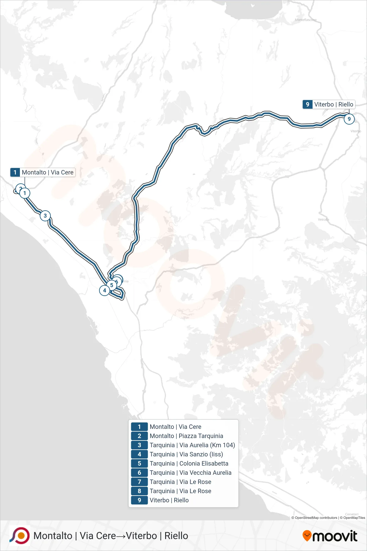 Linea COTRAL bus (Montalto | Via Cere→Viterbo | Riello) - Percorsi e fermate sulla mappa