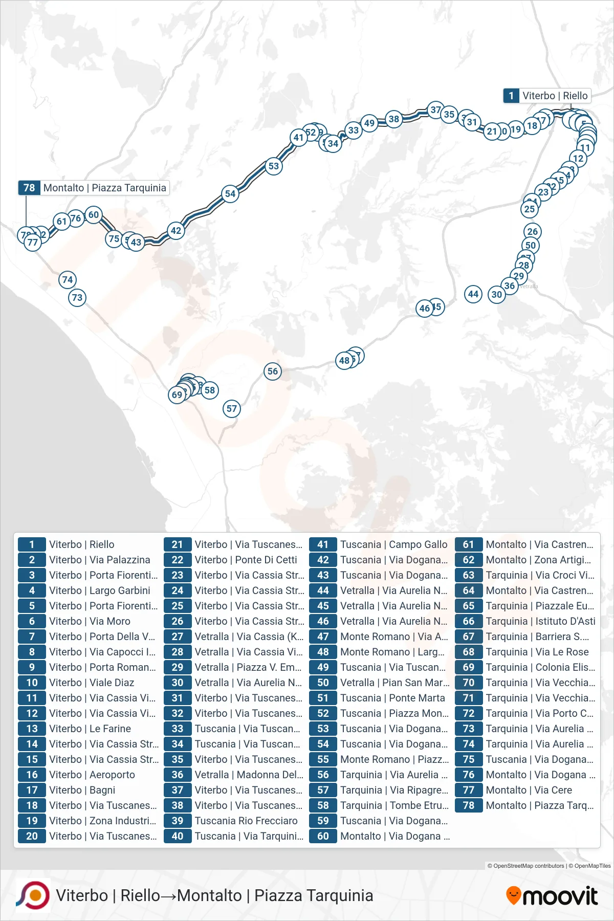 Linea COTRAL bus (Viterbo | Riello→Montalto | Piazza Tarquinia) - Percorsi e fermate sulla mappa