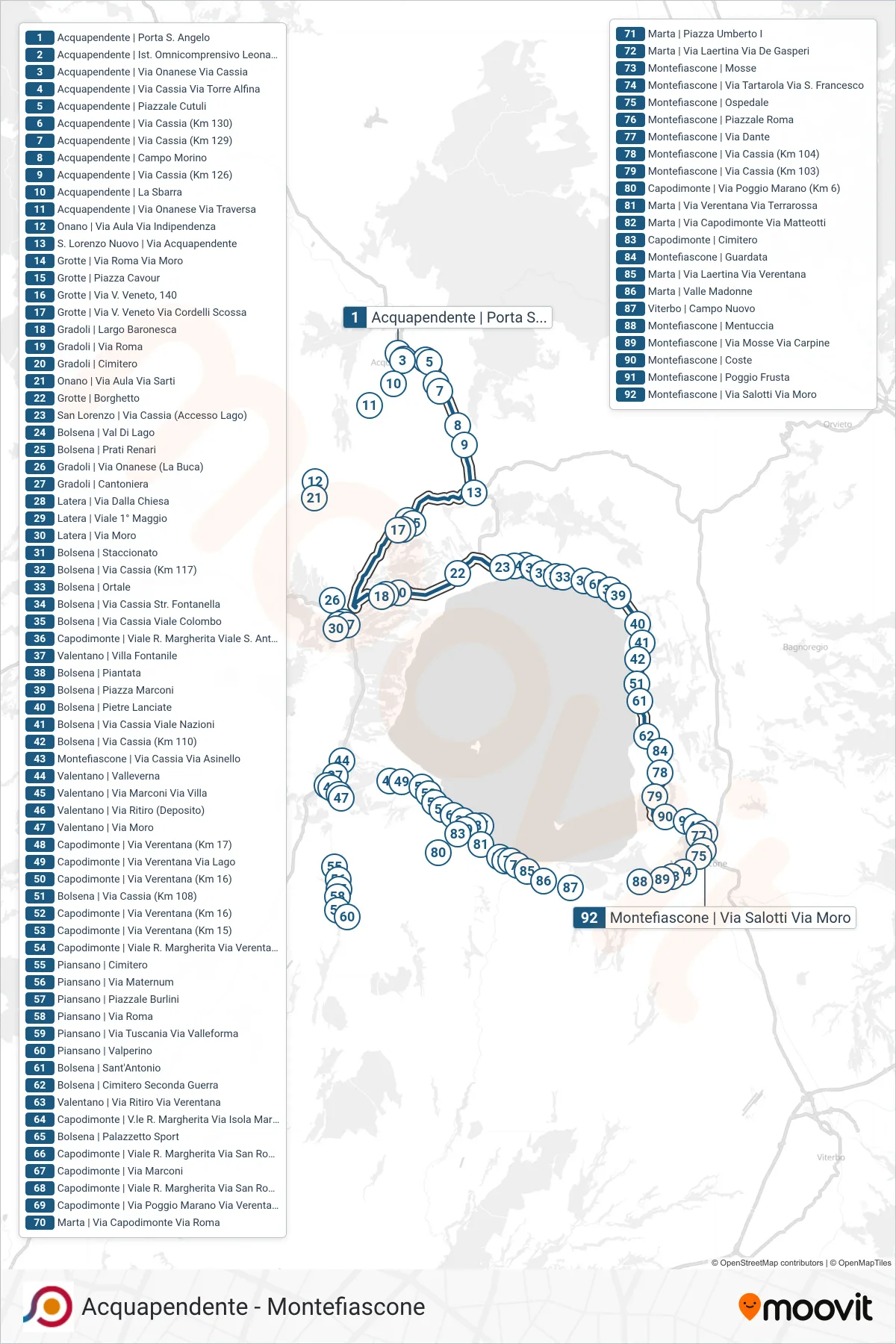Linea COTRAL bus (Acquapendente | Porta S. Angelo→Montefiascone | Via Salotti Via Moro) - Percorsi e fermate sulla mappa