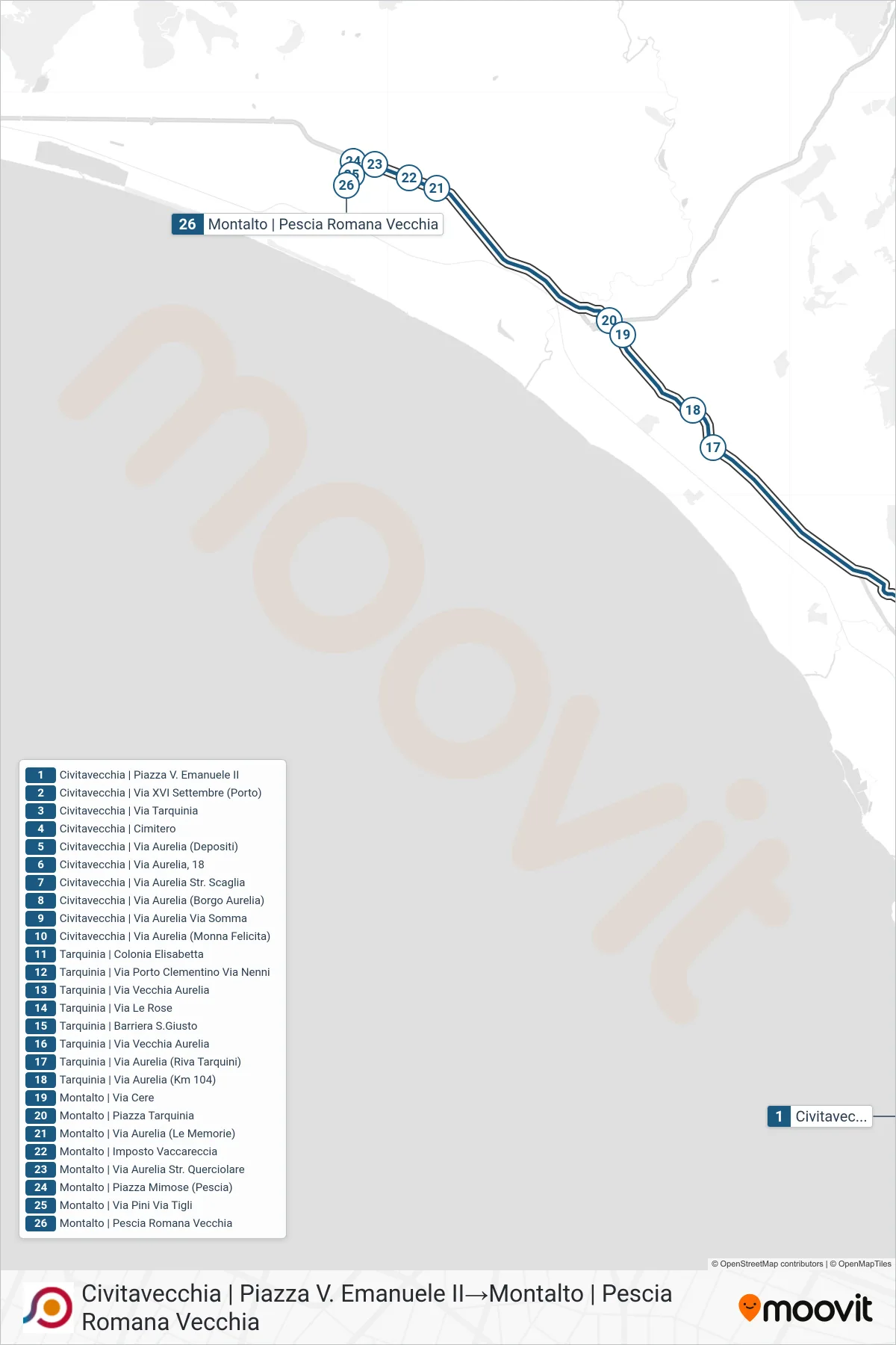 Linea COTRAL bus (Civitavecchia | Piazza V. Emanuele II→Montalto | Pescia Romana Vecchia) - Percorsi e fermate sulla mappa