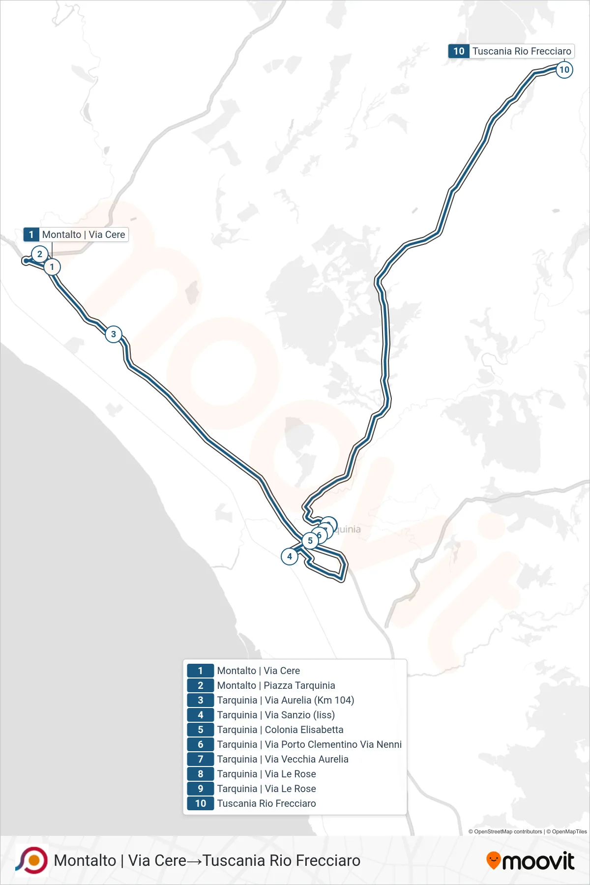 Linea COTRAL bus (Montalto | Via Cere→Tuscania Rio Frecciaro) - Percorsi e fermate sulla mappa