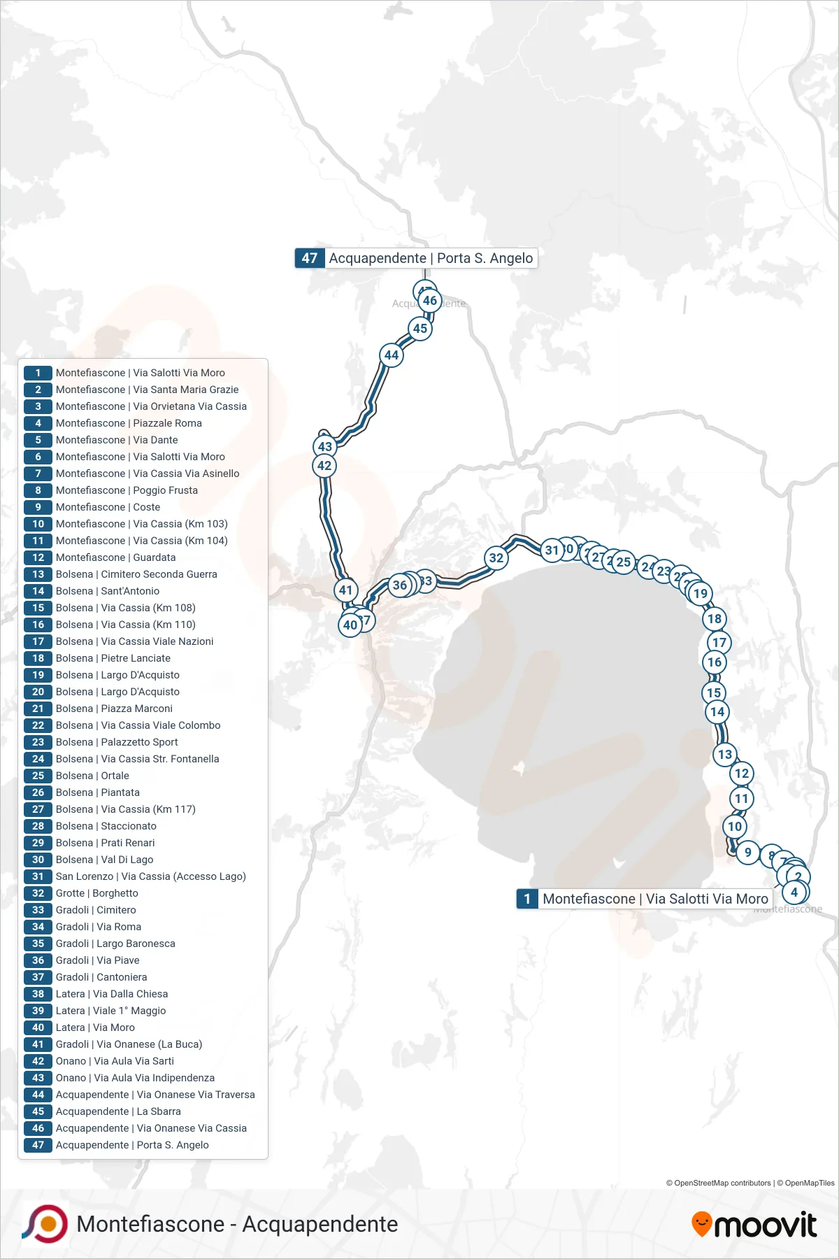 Linea COTRAL bus (Montefiascone | Via Salotti Via Moro→Acquapendente | Porta S. Angelo) - Percorsi e fermate sulla mappa
