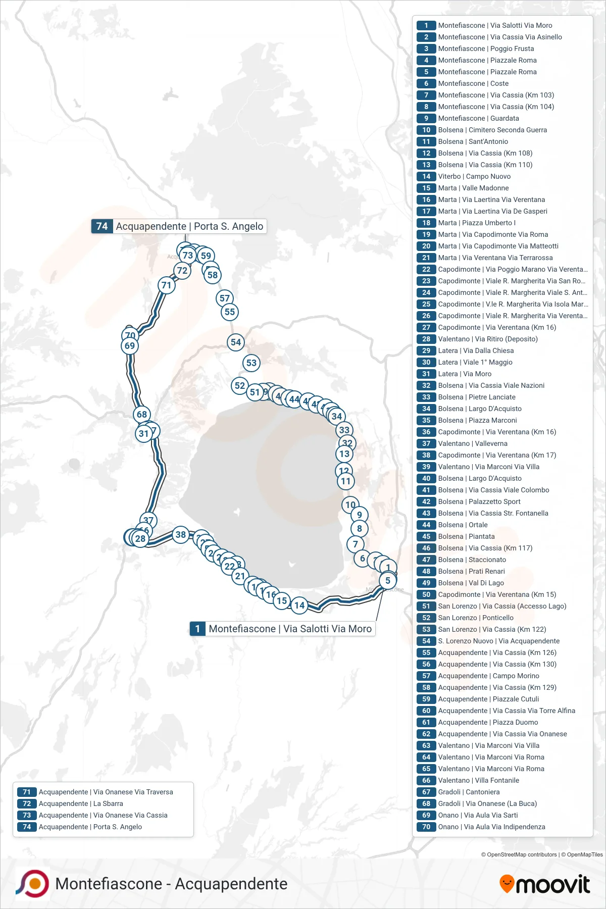 Linea COTRAL bus (Montefiascone | Via Salotti Via Moro→Acquapendente | Porta S. Angelo) - Percorsi e fermate sulla mappa