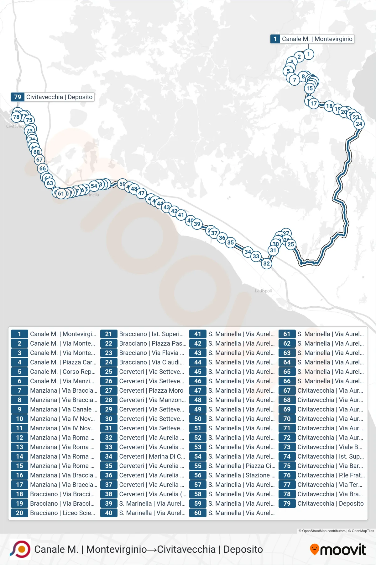 Linea COTRAL bus (Canale M. | Montevirginio→Civitavecchia | Deposito) - Percorsi e fermate sulla mappa