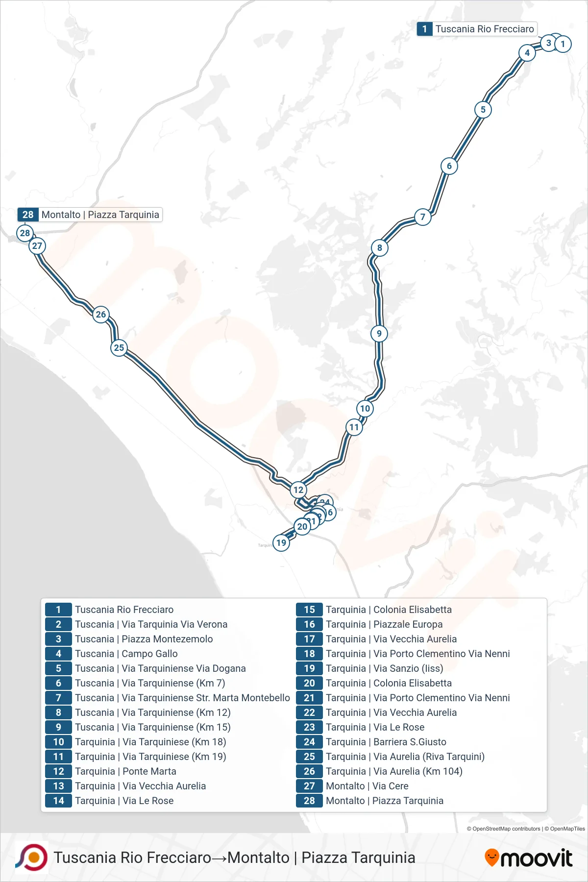Linea COTRAL bus (Tuscania Rio Frecciaro→Montalto | Piazza Tarquinia) - Percorsi e fermate sulla mappa