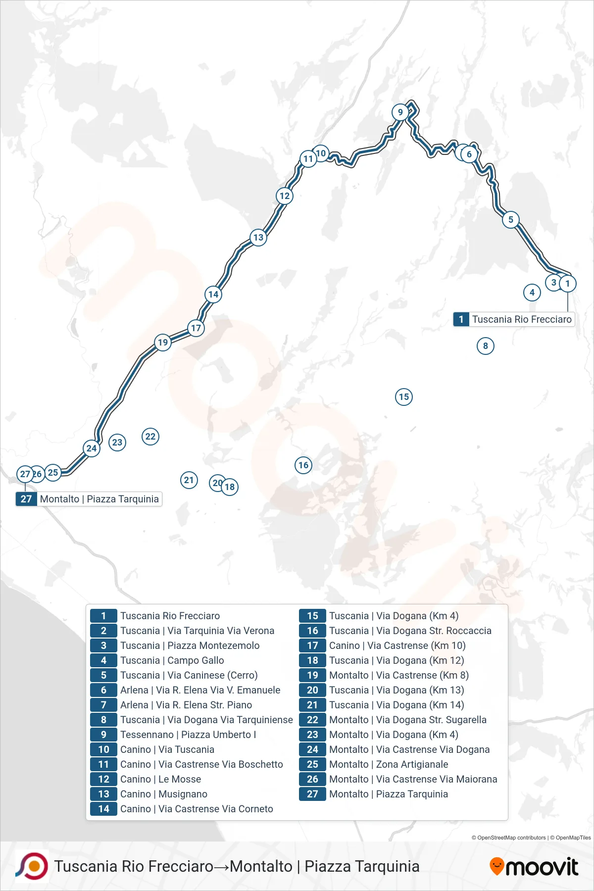 Linea COTRAL bus (Tuscania Rio Frecciaro→Montalto | Piazza Tarquinia) - Percorsi e fermate sulla mappa