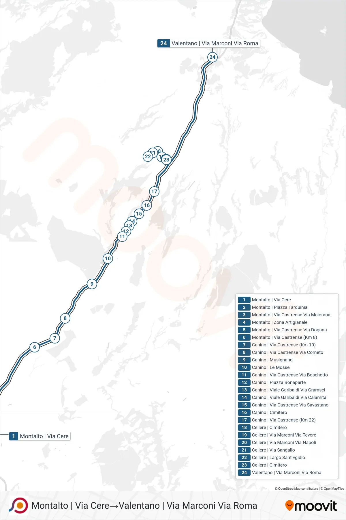 Linea COTRAL bus (Montalto | Via Cere→Valentano | Via Marconi Via Roma) - Percorsi e fermate sulla mappa