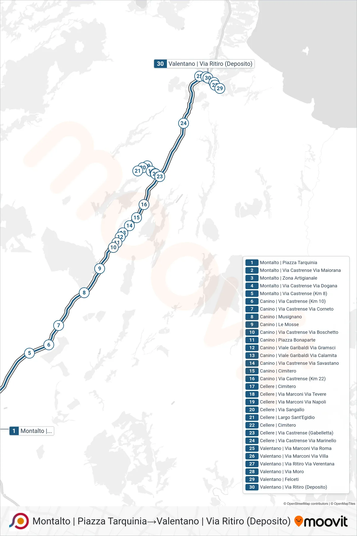 Linea COTRAL bus (Montalto | Piazza Tarquinia→Valentano | Via Ritiro (Deposito)) - Percorsi e fermate sulla mappa