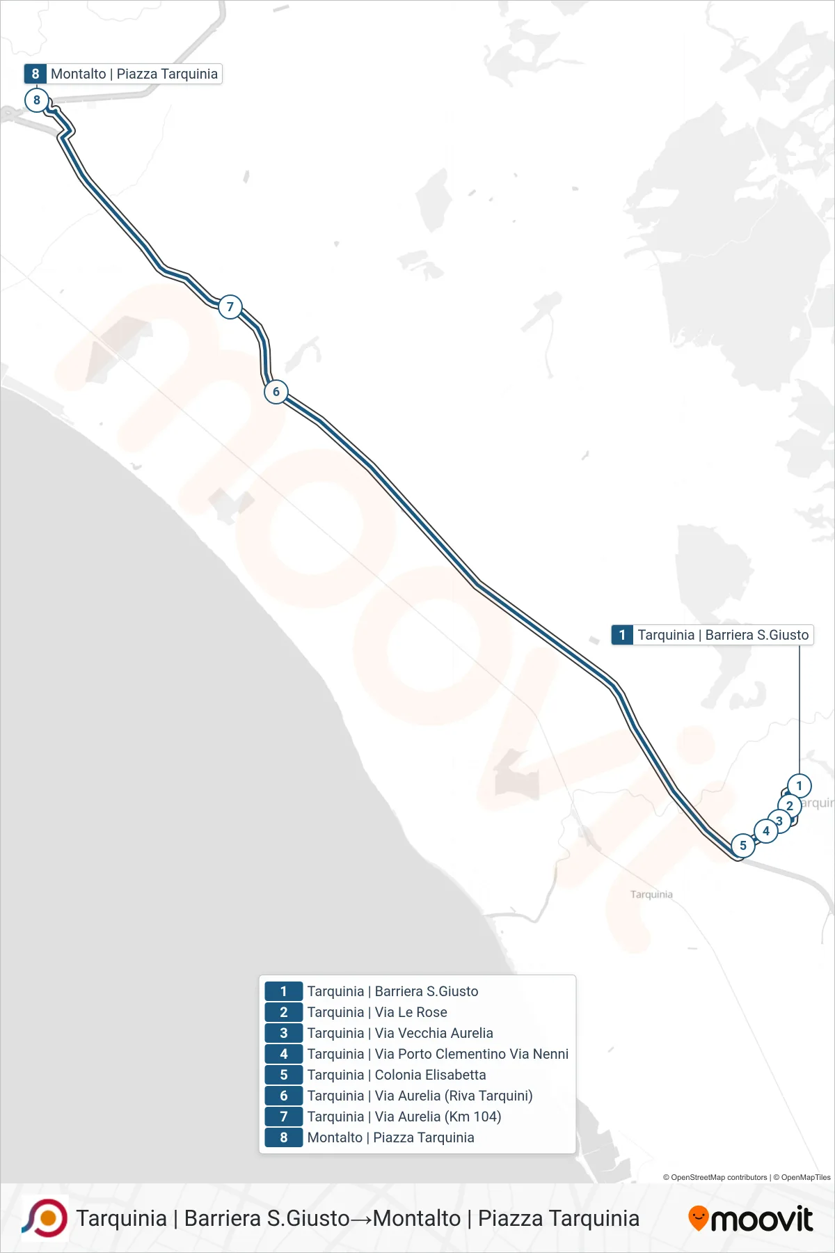 Linea COTRAL bus (Tarquinia | Barriera S.Giusto→Montalto | Piazza Tarquinia) - Percorsi e fermate sulla mappa