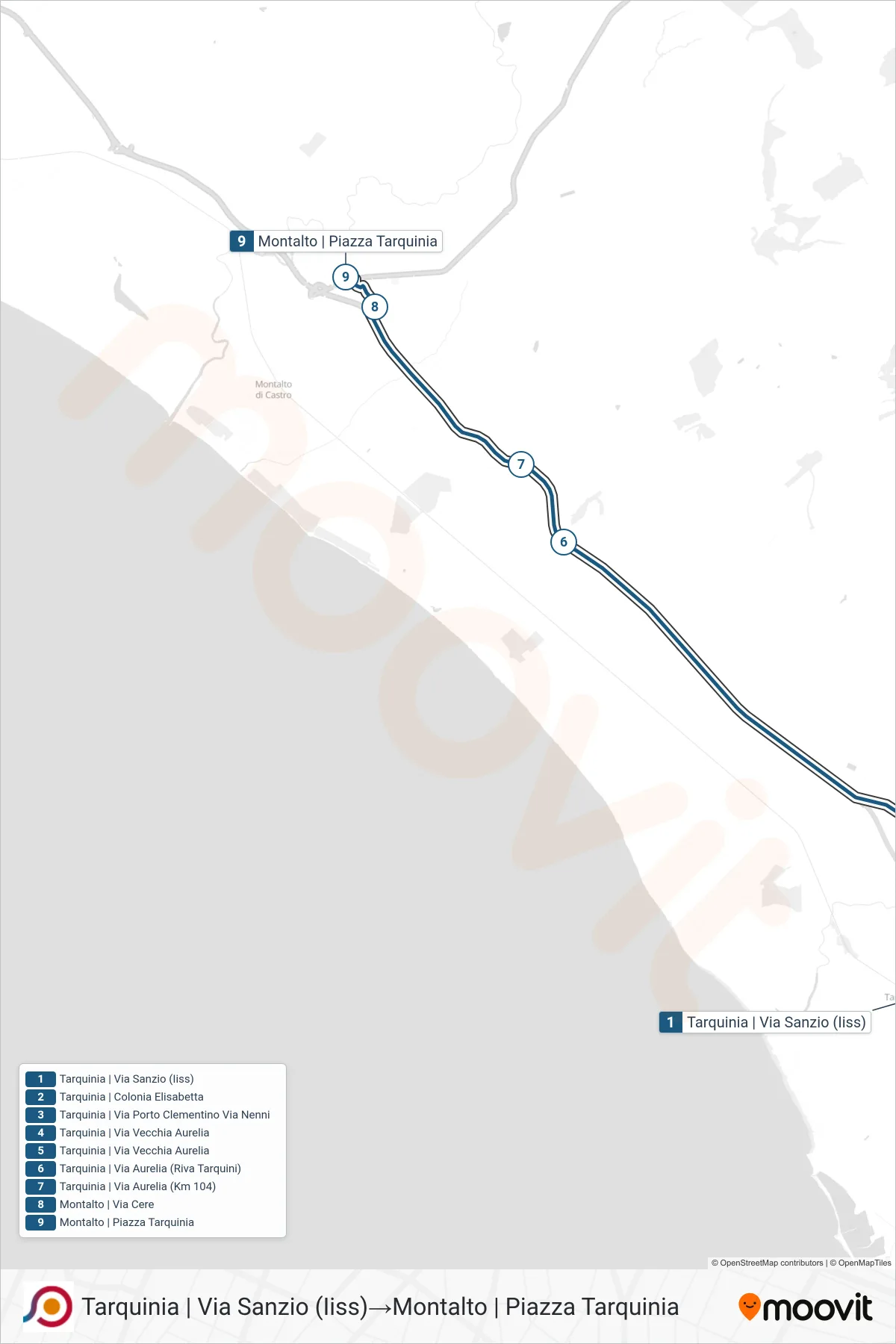 Linea COTRAL bus (Tarquinia | Via Sanzio (Iiss)→Montalto | Piazza Tarquinia) - Percorsi e fermate sulla mappa