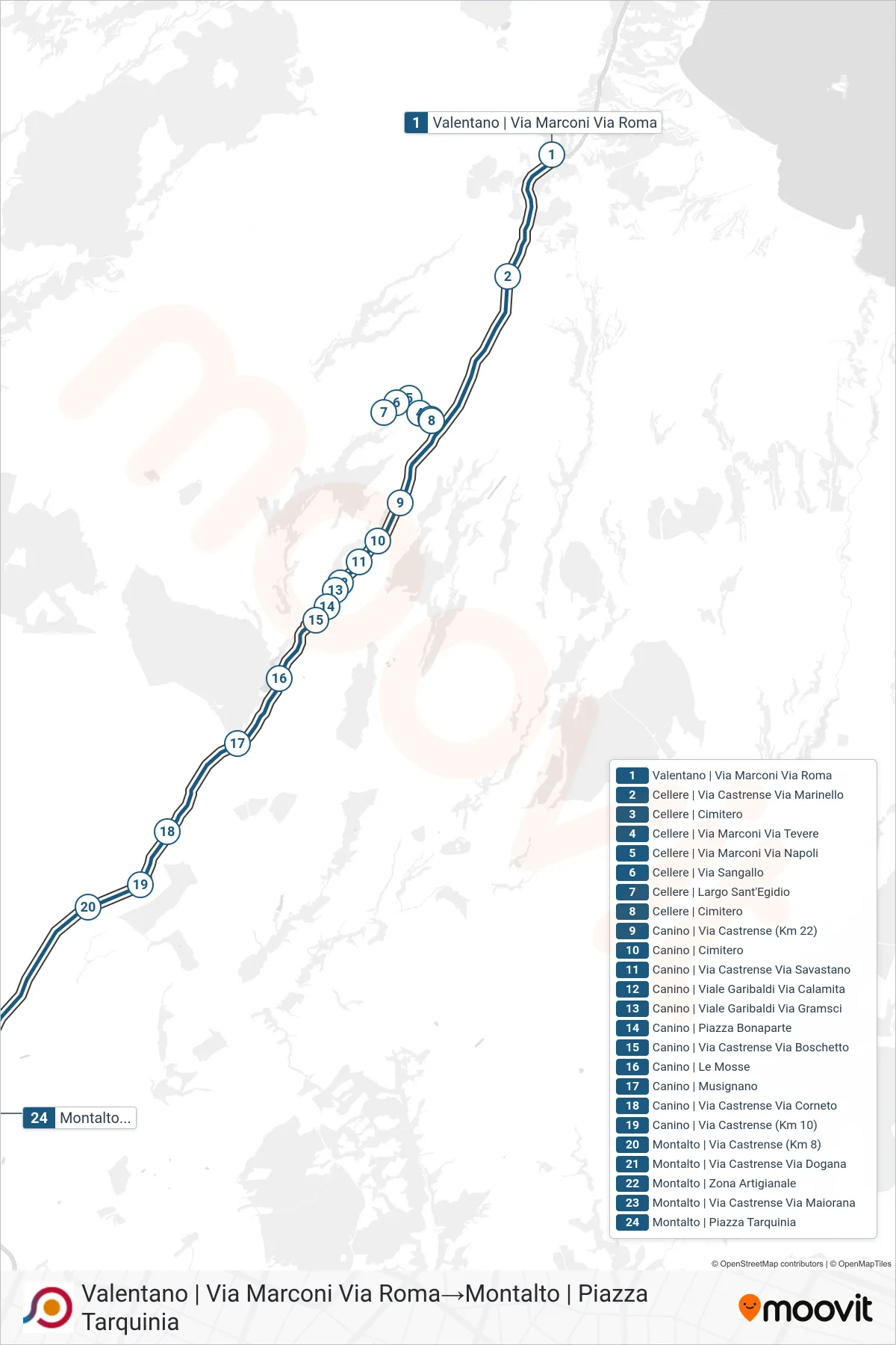 Linea COTRAL bus (Valentano | Via Marconi Via Roma→Montalto | Piazza Tarquinia) - Percorsi e fermate sulla mappa