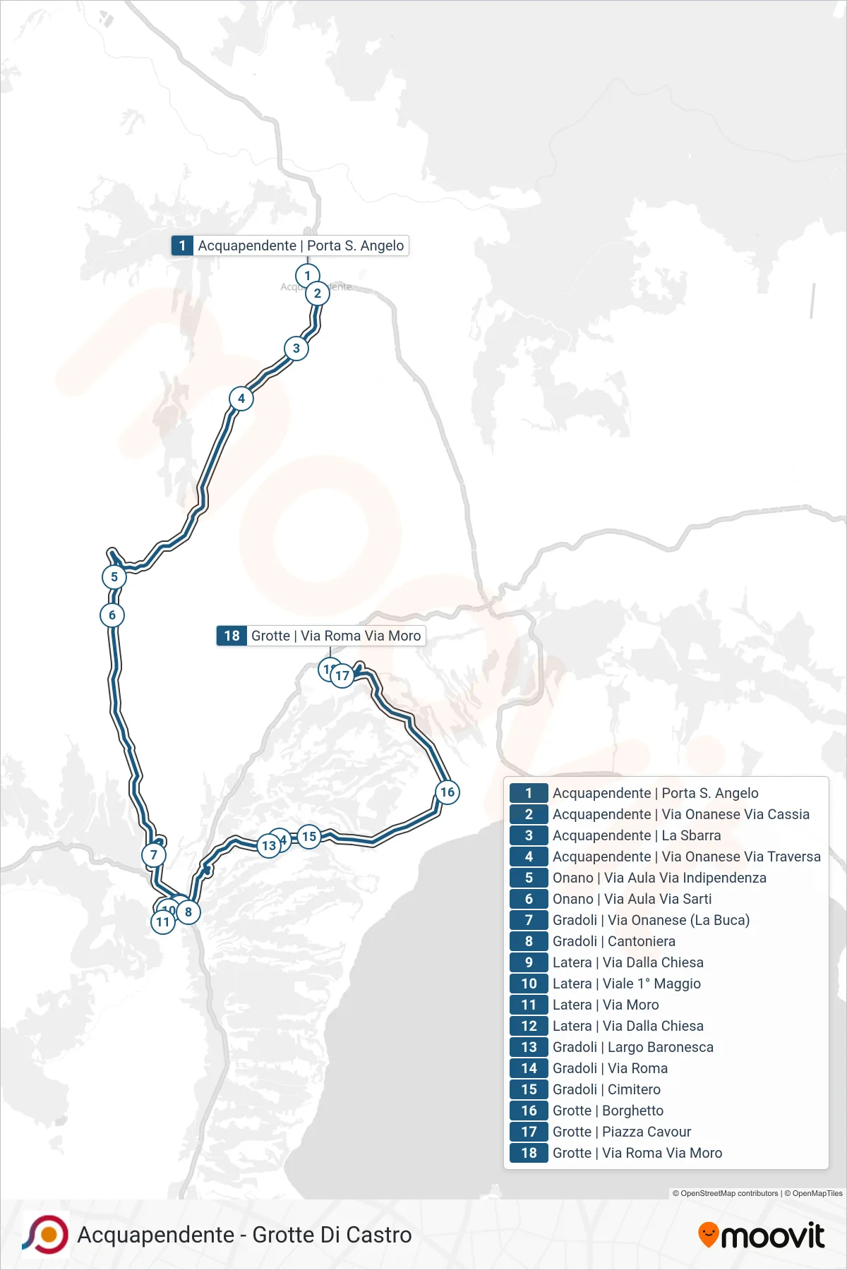Linea COTRAL bus (Acquapendente | Porta S. Angelo→Grotte | Via Roma Via Moro) - Percorsi e fermate sulla mappa